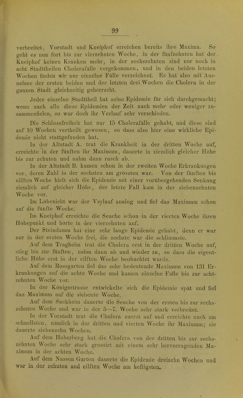 verbreitet, Vorstadt und Kneipliof erreichen bereits ihre Maxima. So o-eht es nun fort bis zur vierzehnten Woehe, in der fünfzehnten hat der Kneiphof keinen Kranken mehr, in der sechszehnten sind nur noch in acht Stadtthcilen Cholcrafälle vorgckonmien, und in den beiden letzten Wochen linden wir nur einzelne Fälle verzeichnet. Es hat also mit Aus- nahme der ersten beiden und der letzten drei Woehen die Cholera in der ganzen Stadt gleichzeitig geherrscht. Jeder einzelne Stadtthcil hat seine Epidemie für sich durchgemaelit; wenn auch alle diese Epidemien der Zeit nach mehr oder weniger zu- sammenfielen, so war doch ihr A^erlauf sehr verschieden. Die Schlossfreihcit hat nur 15 Cholerafälle gehabt, und diese sind auf lü Woeheli vertheilt gewesen, so dass also hier eine wirkliche Epi- demie nicht stattgefunden hat. ln der Altstadt A. trat die Krankheit in der dritten Woche auf, erreichte in der fünften ihr Maximum, dauerte in ziemlieh gleicher Höhe bis zur zehnten und nahm daun rasch ab. In der Altstadt B. kamen schon in der zweiten Woehe Erkrankungen vor, deren Zahl in der sechsten am grössten war. Von der fünften bis eilften Woche hielt sich die Epidemie mit einer vorübergehenden Senkung ziemlich auf gleicher Höhe, der letzte Fall kam in der siebenzehnten Woche vor. Im Löbenicht war der Verlauf analog und fiel das Maxiraum schon auf die fünfte Woche: Im Kneiphof erreichte die Seuche schon in der vierten Woche ihren Plöhepunkt und hörte^ in der vierzehnten auf. Der Steindamm hat eine sehr lauge Epidemie gehabt, denn er war nur in der ersten Woche frei, die sechste war die schlimmste. Auf dem Tragheim trat die Cholera erst in der dritten Woche auf, stieg bis zur fünften, nahm dann ab und wieder zu, so dass die eigent- liche Hölie erst in der eilften Woche beobachtet wurde. Auf dem Rossgarten fiel das sehr bedeutende Maximum von 131 Er- krankungen auf die achte Woche und kamen einzelne Fälle bis zur acht- zehnten Woche vor. In der Königsstrassc entwickelte sich die Epidemie spät und fiel das Maximum auf die siebente Woche. Auf dem Sackheini dauerte die Seuche von der ersten bis zur sechs- zehnten Woche und wai- in der 5—7. Woche sehr stark verbreitet. In der Vorstadt trat die Cliolera zuerst auf und erreichte auch am ’ schnellsten, nämlich in der dritten und vierten Woche ihr Maximum; sie dauerte siebenzehn Wochen. Aut dem llaberberg hat die Cholera von der dritten bis zur sechs- zehnten Woche sehr stark grassirt mit einem sehr hervorragenden Ma- xiraum in der achten Woche. Auf dem Nassen Harten dauerte die Epidemie dreizehn Wochen und war in .der zehnten und eilften Woche am heftigsten*, . i