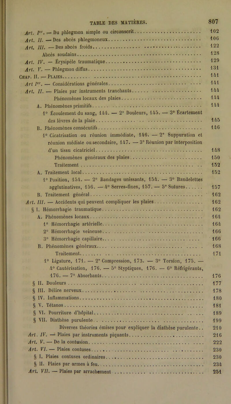 Art. /■. — Du phlegmon simple ou circonscrit 102 Art. U. — Des abcès phlegmoneux. 100 Art. III. —Des abcès froids 1^22 Abcès soudains ^28 Art. IV. — Érysipèle traumalique 129 Art. V. — Phlegmon diffus 1^1 Chap. 11. — Plaies 1^1 Art /®^ — Considérations générales 1^1 Art. II. — Plaies par instruments tranchants léA Phénomènes locaux des plaies. léA A. Phénomènes primitifs 144 1® Écoulement du sang, 144. — 2“ Douleurs, 145. — 3® Écartement des lèvres de la plaie 145 B. Phénomènes consécutifs 146 1® Cicatrisation ou réunion immédiate, 146. — 2® Suppuration et réunion médiate ou secondaire, 147. —3° Réunion par interposition d’un tissu cicatriciel 148 Phénomènes généraux des plaies 150 Traitement 152 A. Traitement local 152 1® Position, 154. — 2® Bandages unissants, 154. — 3® Bandelettes agglutinatives, 156. —4® Serres-fines, 157. — 5° Sutures 157 B. Traitement général 162 Art. III. — Accidents qui peuvent compliquer les plaies 162 § I. Hémorrhagie traumalique 162 A. Phénomènes locaux 164 1® Hémorrhagie artérielle 164 2® Hémorrhagie veineuse 166 3® Hémorrhagie capillaire 166 B. Phénomènes généraux 168 Traitement 171 1® Ligature, 171. — 2° Compression, 173. — 3® Torsion, 175. — 4® Cautérisation, 176. — 5® Styptiques, 176. — 6® Réfrigérants, 176. — 7® Absorbants 176 § II. Douleurs 177 § III. Délire nerveux. .. 178 § IV. Inflammations 180 § Y. Tétanos 181 § VI. Pourriture d’hôpital ... 189 § VII. Diathèse purulente 199 Diverses théories émises pour expliquer la diathèse purulente.. 210 Art. IV. —1 Plaies par instruments piquants 216 Art. V, — De la contusion 222 Art. VI.— Plaies contuses 230 § I. Plaies contuses ordinaires 230 § H. Plaies par armes à feu 234 Art. VII. — Plaies par arrachement 251