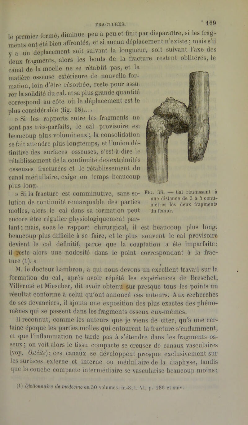 1(>9 le premier formé, diminue peu à peu et finit par disparaître, si les frag- ments ont été bien affrontés, et si aucun déplacement n’existe ; mais s’il v a un déplacement soit suivant la longueur, soit suivant l’axe des deux fragments, alors les bouts de la fracture restent oblitérés, le canal de la moelle ne se rétablit pas, et la matière osseuse extérieure de nouvelle for- mation, loin d’être résorbée, reste pour assu- rer la solidité du cal, et sa plus grande quantité correspond au côté où le déplacement est le plus considérable (fig. 38).... » Si les rapports entre les fragments ne sont pas très-parfaits, le cal provisoire est beaucoup plus volumineux; la consolidation se fait attendre plus longtemps, et l’union dé- finitive des surfaces osseuses, c’est-à-dire le rétablissement de la continuité des extrémités osseuses fracturées et le rétablissement du canal médullaire, exige un temps beaucoup plus long. » Si la fracture est comminutive, sans so- lution de continuité remarquable des parties molles, alors le cal dans sa formation peut encore être régulier physiologiquement par- lant; mais, sous le rapport chirurgical, il est beaucoup plus long, beaucoup plus difficile à se faire, et le plus souvent le cal provisoire devient le cal définitif, parce que la coaptation a été imparfaite; il reste alors une nodosité dans le point correspondant à la frac- ture (1). » M. le docteur Lambron, à qui nous devons un excellent travail sur la formation du cal, après avoir répété les expériences de Breschet, Villermé et Miescher, dit avoir obtenu sur presque tous les points un résultat conforme à celui qu’ont annoncé ces auteurs. Aux recherches de ses devanciers, il ajouta une exposition des plus exactes des phéno- mènes qui se passent dans les fragments osseux eux-mémes. Il reconnut, comme les auteurs que je viens de citer, qu’à une cer- taine époque les parties molles qui entourent la fracture s’enflamment, et que l'inflammation ne tarde pas à s’étendre dans les fragments os- seux; on voit alors le tissu compacte se creuser de canaux vasculaires (voy. Ostéite); ces canaux se développent presque exclusivement sur les surlaces externe et interne ou médullaire de la diaphyse, tandis que la couche compacte intermédiaire se vascularisé beaucoup moins; Fig. 38. — Cal réunissant à une distance de 3 à l\ centi- mètres les deux fragments du fémur. (1 Dictionnaire de médecine en 30 volumes, in-8, t. VI, p. 18<> et suiv.