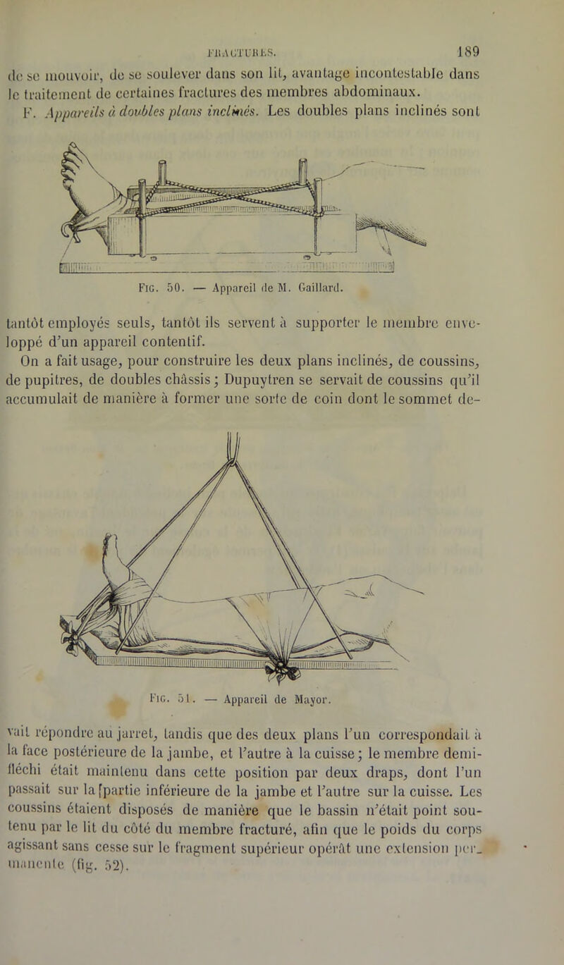 (K; se mouvoir, do se soulever dans son lit, avantage incontestable dans le traitement de certaines fractures des membres abdominaux. F. Appareils à doubles plans inclinés. Les doubles plans inclinés sont tantôt employés seuls, tantôt ils servent à supporter le membre enve- loppé d’un appareil contentif. On a fait usage, pour construire les deux plans inclinés, de coussins, de pupitres, de doubles châssis; Dupuytren se servait de coussins qu’il accumulait de manière à former une sorte de coin dont le sommet de- l'iG. 5t. — Appareil de Mayor. vail répondre au jarret, tandis que des deux plans l’un correspondait à la lace postérieure de la jambe, et l’autre à la cuisse; le membre demi- fléchi était maintenu dans cette position par deux draps, dont l’un passait sur la [partie inférieure de la jambe et l’autre sur la cuisse. Les coussins étaient disposés de manière que le bassin n’était point sou- tenu par le lit du côté du membre fracturé, afin que le poids du corps agissant sans cesse sur le fragment supérieur opérât une extension pcr_ manente (fig. 52).