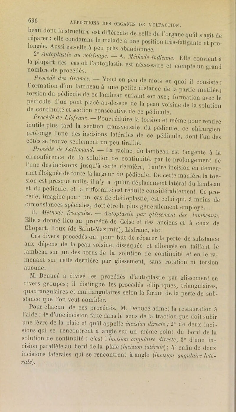 AFFECTIONS DES ORGANES DE l’OLFACTION. beau dont la slruclui-e esl .lilKrcnle de celle de l’organe qo’il s'agit de eparei . elle condamne le malade à une posilion Irès-fatigante et pi o- longee. Aussi est-elle à peu près abandonnée. Autoplastie au voisinage. - K. Méthode indienne. Elle convient à la plupait des cas où l’autoplaslie est nécessaire et compte un grand nombre de procédés. . i b Procédé des Brames. — Voici en npn dp mrvio • -i „ ,, , , 'on peu ue mots en quoi il consiste: formation d un lambeau à une petite distance de la partie mutilée* torsion du pédicule do ce lambeau .suivant son axe; formation avec lé ped.cule d un pont placé au-dessus de la peau voisine de la solution de continuité et section consécutive de ce pédicule. Procédé de Lüfranc. — Pour réduire la torsion et môme pour rendre mutile plus tard la section transversale du pédicule, ce chirurt-ien prolonge l’une des incisions latérales de ce pédicule, dont l’un des cotés se trouve seulement un peu tiraillé. Procédé de Lallemand. — La racine du lambeau est tangente à la circonférence de la solution de continuité, par le prolongement de 1 une des incisions jusqu'à cette dernière, l’autre incision en demeu- rant éloignée de toute la largeur du pédicule. De cette manière la tor- sion est presque nulle, il n’y a qu’un déplacement latéral du lambeau et du pédicule, et la difformité est réduite considérablement. Ce pro- cédé, imaginé pour un cas de chéiloplastie, est celui qui, à moins de circonstances spéciales, doit être le plus généralement employé. B. Méthode française. Autoplastie par glissement des lambeaux. Elle a donné lieu au procédé de Gelse et des anciens et à ceux de Chopart, Roux (de Saint-Maximin), Lisfranc, etc. Ces divers procédés ont pour but de réparer la perte de substance aux dépens de la peau voisine, disséquée et allongée en taillant le lambeau sur un des bords de la solution de continuité et en le ra- menant sur cette dernière par glissement, sans rotation ni torsion aucune. M. Denucé a divisé les procédés d’autoplastie par glissement en divers groupes; il distingue les procédés elliptiques, triangulaires, quadiangulaires et multiangulaires selon la forme de la perte de sub- stance que l’on veut combler. Pour chacun de ces procédés, M. Denucé admet la restauration à 1 aide : 1“ d une incision faite dans le sens de la traction que doit subir une lèvre de la plaie et qu’il appelle incision directe 2“ de deu.x inci- sions qui se rencontrent à angle sur un même point du bord de la solution de continuité : c’est Vincision angidaire directe; 3“ d’une in- cision parallèle au bord de la plaie {incision latérale) ; enfin de deux incisions latérales qui se rencontrent à angle {incision angulaire laté- rale).