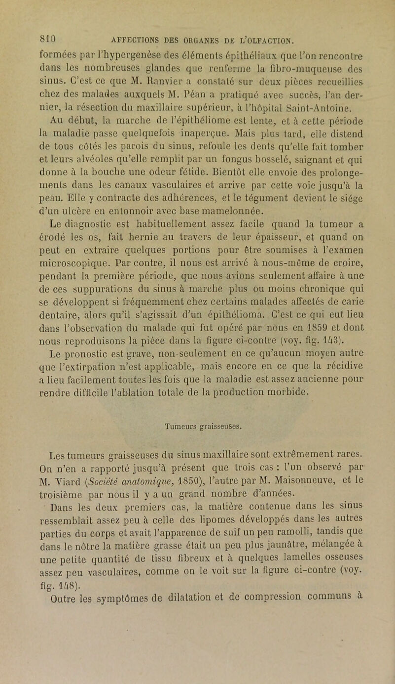 formées par l’hypergenèse des éléments épithéliaux que Ton rencontre dans les nombreuses glandes que renferme la fibro-muqueuse des sinus. C’est ce que M. llanvier a constaté sur deux pièces recueillies chez des malades auxquels M. Péan a pratiqué avec succès, l’an der- nier, la résection du maxillaire supérieur, à l’hôpital Saint-Antoine. Au début, la marche de l’épilhéliome est lente, et à cette période la maladie passe quelquefois inaperçue. Mais plus lard, elle distend de tous côtés les parois du sinus, refoule les dents qu’elle fait tomber et leurs alvéoles qu’elle remplit par un fongus bosselé, saignant et qui donne üi la bouche une odeur fétide. Bientôt elle envoie des prolonge- ments dans les canaux vasculaires et arrive par celte voie jusqu’à la peau. Elle y contracte des adhérences, et le tégument devient le siège d’un ulcère en entonnoir avec base mamelonnée. Le diagnostic est habituellement assez facile quand la tumeur a érodé les os, fait hernie au travers de leur épaisseur, et quand on peut en extraire quelques portions pour être soumises à l’examen microscopique. Par contre, il nous est arrivé à nous-même de croire, pendant la première période, que nous avions seulement alhure à une de ces suppurations du sinus à marche plus ou moins chronique qui se développent si fréquemment chez certains malades affectés de carie dentaire, alors qu’il s’agissait d’un épithélioma. C’est ce qui eut lieu dans l’observation du malade qui fut opéré par nous en 1859 et dont nous reproduisons la pièce dans la figure ci-contre (voy. fig. Ià3). Le pronostic est grave, non-seulement en ce qu’aucun moyen autre que l’extirpation n’est applicable, mais encore en ce que la récidive a lieu facilement toutes les fois que la maladie est assez ancienne pour rendre difficile l’ablation totale de la production morbide. Tumeurs graisseuses. Les tumeurs graisseuses du sinus maxillaire sont extrêmement rares. On n’en a rapporté jusqu’à présent que trois cas : l’un observé par M. Viard [Société anatomique, 1850), l’autre par M. INIaisonncuve, et le troisième par nous il y a un grand nombre d’années. Dans les deux premiers cas, la matière contenue dans les sinus ressemblait assez peu à celle des lipomes développés dans les autres parties du corps et avait l’apparence de suif un peu ramolli, tandis que dans le nôtre la matière grasse était un peu plus jaunâtre, mélangée à une petite quantité de tissu fibreux et à quelques lamelles osseuses assez peu vasculaires, comme on le voit sur la figure ci-contre (voy. fig. Ià8). Outre les symptômes de dilatation et de compression communs à