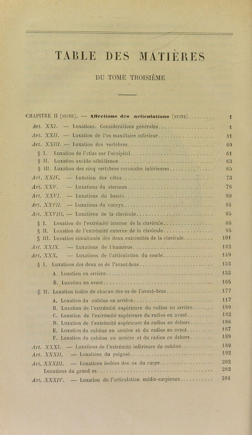 TABLE DES MATIÈBES DU TOME TROISIÈME CHAPITRE II (suite). — AirccUoiiN «le» nrUpiilaUitiiH (suite).. Art. XXL — Luxations. Considérations générales Arl. XXII. — Luxation do l’os maxillaire inférieur Art. XXIII. — Luxation des vertèbres § I. Luxation de l’atlas sur l’occipital § II. Luxation axoïdo-atloïdieniie § 111. Luxation des cinq vertèbres cervicales inférieures Art. XXIV. — Luxation des cotes Arl. A'XF. — Luxations du sternum Arl. XXVI. — Luxations du bassin Arl. XXVII. — Luxations du coccyx. Art. XXVIII, — Luxations de la clavicule § I. Luxation de l’extrémité interne delà clavicule (5 H. Luxation de l’extrémité externe de la clavicule § lit. Luxation simultanée des deux extrémités de la clavicule. . . Art. XXIX. — Luxations de 1 humérus Art. XXX. — Luxations de l’articulation du coude .§ I. Luxations des deux os de l’avant-bras A. Luxation en arrière B. Luxation en avant § II. Luxation isolée de chacun des os de l’avant-bras A. Luxation du cubitus en arrière B. Luxation de l’extrémité supérieure du radius en arrière C. Luxation de l’extrémité supérieure du radius en avant.. D. Luxation de l’extrémité supérieure du radius en dehors. E. Lnxation du cubitus en arrière et du radius en avant. . F. Luxation du cubitus en arrière et du radius en dehors. Art. XXXI. — Luxations de l’extrémité inférieure du cubitus.... Art. XXXII. — Luxations du poignet Art. XXXIII. — Luxations isolées des os du carpe Luxations du grand os Art. XXXIV. — Luxation de l’articulation médio-carpienne 1 1 ûl GO Cl 63 65 73 76 80 84 85 86 95 101 102 149 153 153 165 177 117 180 182 186 187 189 189 192 202 202 201