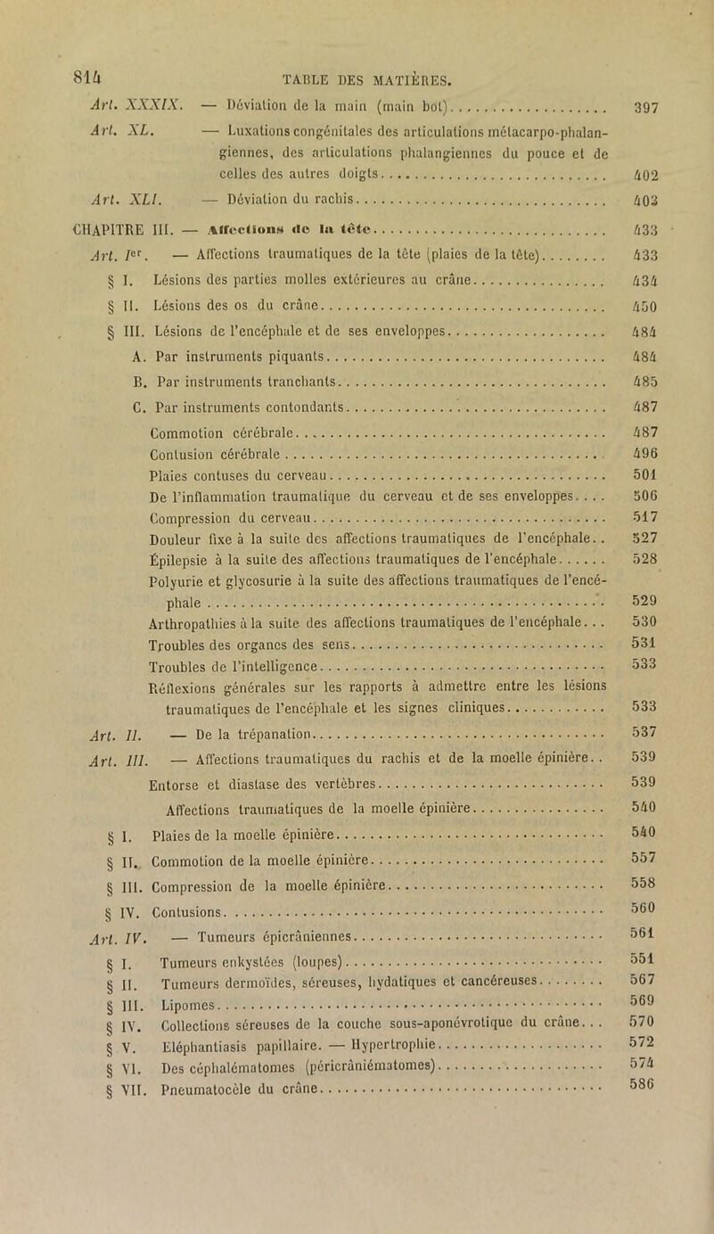 Art. XXXIX. — Déviation delà main (main bol) 397 Art. XL. — buxalions congénitales des articulations métacarpo-phalan- giennes, des articulations phalangiennes du pouce et de celles des autres doigts 402 Art. XLl. — Déviation du rachis 403 CHAPITRE III. — AirccUons «lo la lotc 433 jer — Aiïections traumatiques de la tête (plaies de la tête) A33 § I. Lésions des parties molles extérieures au crâne 434 § II. Lésions des os du crâne 450 § III. Lésions de l’encéphale et de ses enveloppes 48â A. Par instruments piquants 484 B. Par instruments tranchants 485 C. Par instruments contondants 487 Commotion cérébrale 487 Contusion cérébrale 496 Plaies contuses du cerveau 501 De l’inflammation traumatique du cerveau et de ses enveloppes. . . . 506 Compression du cerveau... 517 Douleur fixe à la suite des affections traumatiques de l'encéphale.. 327 Épilepsie à la suite des affections traumatiques de Tencéphale 528 Polyurie et glycosurie à la suite des affections traumatiques de l’encé- phale 529 Arthropathies à la suite des affections traumatiques de l’encéphale... 530 Troubles des organes des sens 531 Troubles de Tinlelligence 533 Piéfiexions générales sur les rapports à admettre entre les lésions traumatiques de l’encéphale et les signes cliniques 533 Art. IL — De la trépanation 537 jll^ — Affections traumatiques du rachis et de la moelle épinière.. 539 Entorse et diastase des vertèbres 539 Affections traumatiques de la moelle épinière 540 § I. Plaies de la moelle épinière 540 § II. Commotion de la moelle épinière 557 § 111. Compression de la moelle épinière 558 § IV. Contusions '^50 Art. IV. — Tumeurs épicrâniennes 561 § I. Tumeurs enkystées (loupes) 551 § II. Tumeurs dermoïdes, séreuses, hydatiques et cancéreuses 567 § III. Lipomes ^5^ § IV. Collections séreuses de la couche sous-aponévrotique du crâne... 570 § V. Eléphantiasis papillaire. — Hypertrophie 572 § \T. Des céphalématomes (péricrâniématomes) 574 § VII. Pneumatocèle du crâne