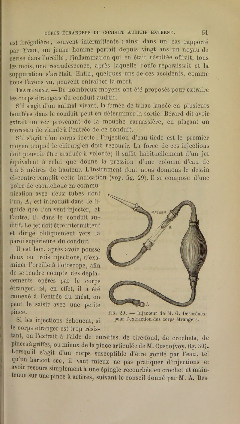 i l| est irrégulière, souvent intermittente : ainsi dans un cas rapporté par Yvan, un jeune homme portait depuis vingt ans un noyau de cerise dans l’oreille; l’inflammation qui en était résultée olfrait, tous les mois, une recrudescence, après laquelle l’ouïe reparaissait et la suppuration s’arrêtait. Enfin, quelques-uns de ces accidents, comme nous l’avons vu, peuvent entraîner la mort. Traitement.—De nombreu.x moyens ont été proposés pour extraire les corps étrangers du conduit auditif. S’il s’agit d’un animal vivant, la fumée de tabac lancée en plusieurs bouffées dans le conduit peut en déterminer la sortie. Bérard dit avoir extrait un ver provenant de la mouche carnassière, en plaçant un morceau de viande à l’entrée de ce conduit. S’il s’agit d’un corps inerte, l’injection d’eau tiède est le premier moyen auquel le chirurgien doit recourir. La force de ces injections doit pouvoir être graduée h volonté; il suffit habituellement d’un jet équivalent à celui que donne la pression d’une colonne d’eau de à 5 mètres de hauteur. L’instrument dont nous donnons le dessin ci-contre remplit cette indication (voy. fig. 29). Il se compose d’une poire de caoutchouc en commu- nication avec deux tubes dont l’un, A, est introduit dans le li- quide que l’on veut injecter, et l’autre. B, dans le conduit au- ditif. Le jet doit être intermittent et dirigé obliquement vers la paroi supérieure du conduit. 11 est bon, après avoir poussé deux ou trois injections, d’exa- miner l’oreille à l’otoscope, afin de se rendre compte des dépla- cements opérés par le corps étranger. Si, en effet, il a été ramené à l’entrée du méat, on peut le saisir avec une petite pince. Si les injections échouent, si le corps étranger est trop résis- tant, on l’extrait à l’aide de curettes, de tire-fond, de crochets, de pinces à griffes, ou mieux de la pince articulée de M. Cusco(voy. fig. 30). Lorsqu’il s’agit d’un corps susceptible d’être gonflé par l’eau, tel qu un haricot sec, il vaut mieux ne pas pratiquer d’injeciions et avoir recours simplement à une épingle recourbée en crochet et main- tenue sur une pince à artères, suivant le conseil donné par M. A. Des Fig. *29. — Iiijecteur de M. G. Desarènes pour l’exlraction des corps étrangers.