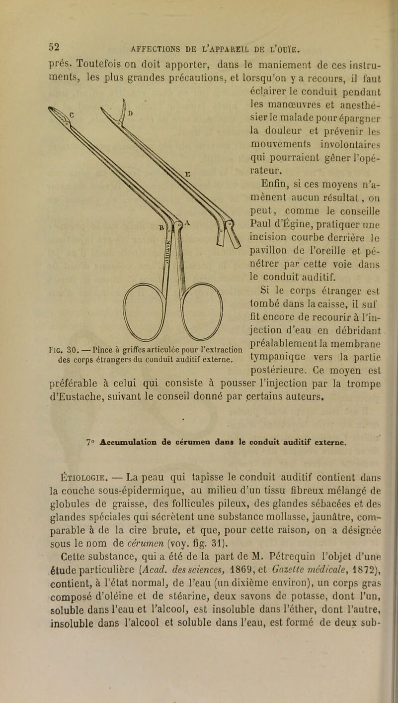 prés. Toutefois on doit apporter, dans le maniement de ces instru- ments, les plus grandes précaulions, et lorsqu’on y a recours, il faut éclairer le conduit pendant les manœuvres et anesthé- sier le malade pour épargner la douleur et prévenir les mouvements involontaires qui pourraient gêner l’opé- rateur. Enfin, si ces moyens n’a- mènent aucun résultat, on peut, comme le conseille Paul d’Égine, pratiquer une incision courbe derrière le pavillon de l’oreille et pé- nétrer par cette voie dans le conduit auditif. Si le corps étranger est tombé dans la caisse, il suf fit encore de recourir à l’in- jection d’eau en débridant préalablement la membrane tympanique vers la partie postérieure. Ce moyen est préférable à celui qui consiste à pousser l’injection par la trompe d’Eustacbe, suivant le conseil donné par certains auteurs. Fig. 30. — Pince à griffes articulée pour l’extraction des corps étrangers du conduit auditif externe. 7 ° Accumulation de cérumen dans le conduit auditif externe. Étiologie. — La peau qui tapisse le conduit auditif contient dans la couche sous-épidermique, au milieu d’un tissu fibreux mélangé de globules de graisse, des follicules pileux, des glandes sébacées et des glandes spéciales qui sécrètent une substance mollasse, jaunâtre, com- parable à de la cire brute, et que, pour cette raison, on a désignée sous le nom de cérumen (voy. fig. 31). Cette substance, qui a été de la part de M. Pétrequin l’objet d’une étude particulière [Acad, des sciences, 1869, et Gazette médicale, 1872), contient, à l’état normal, de l’eau (un dixième environ), un corps gras composé d’oléine et de stéarine, deux savons de potasse, dont l’un, soluble dans l’eau et l’alcool, est insoluble dans l’étber, dont l’autre, insoluble dans l’alcool et soluble dans l’eau, est formé de deux sub-