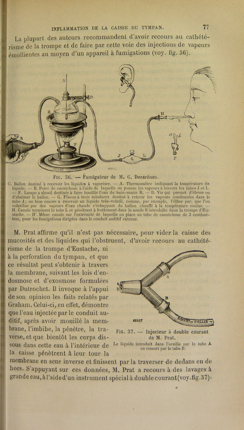 La plupart des auteurs recommandent d’avoir recours au cathété- risme de la trompe et de faire par cette voie des injections de vapeurs émollientes au moyen d’un appareil à fumigations (voy. fig. 36). Il C. Ballon destiné à recevoir les liquides à vaporiser. — A. Thermomètre indiquant la température dn liquide. — B. Poire do caoutchouc à l’aide de laquelle on pousse les vapeurs à travers les tubes J et L. — F. Lampe à alcool destinée à faire bouillir l’eau du bain-marie R. — D. Vis qui permet d’élever ou d’abaisser le ballon. — G. Flacon à trois tubulures destiné à retenir les vapeurs condensées dans le tube J ; OH bien encore à recevoir un liquide très-volatil, comme, par exemple, l’éther pur, que l’on volatilise par des vapeurs d’eau chaude s’échappant dn ballon chauffé à la température voulue. — H. Canule terminant le tube L et pénétrant à frottement dans la sonde S introduite dans la trompe d’Eu- stache. — H’. Môme canule sur l’extrémité de laquelle on place un tube de caoutchouc de 3 centimè- tres, pour les fumij^ations dirigées dans le conduit auditif externe. M. Prat affirme qu’il n’est pas nécessaire, pour vider la caisse des mucosités et des liquides qui l’obstruent, d’avoir recours au cathété- risme de la trompe d’Eustache, ni à la perforation du tympan, et que ce résultat peut s’obtenir à travers la membrane, suivant les lois d’en- dosmose et d’exosmose formulées par Dulrochet. 11 invoque à l’appui de son opinion les faits relatés par Graham. Celui-ci, en effet, démontre que l’eau injectée par le conduit au- ditif, après avoir mouillé la mem- brane, l’imbibe, la pénètre, la tra- verse, et que bientôt les corps dis- sous dans cette eau à l’intérieur de la caisse pénètrent à leur tour la membrane en sens inverse et finissent par la traverser de dedans en de hors. S’appuyant sur ces données, M. Prat a recours à des lavages à grande eau, à l’aided’un instrument spécial à double courant(voy.flg.37)) Fig. 37. — Injecleur à double courant de M. Prat. Le liquide introduit dans l'oreille pnr le tube A en ressort par le tube B. Fig. 36. — Fumigateur de M. G. Desarèries.