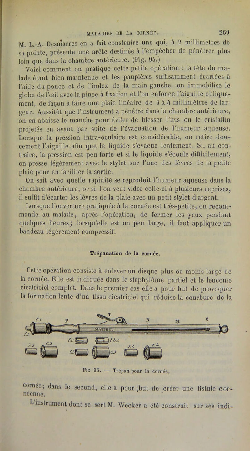 M. L.-A. Desmarres en a faiL construire une qui, à 2 millimètres de sa pointe, présente une arête destinée à rempôclier de pénétrer plus loin que dans la chambre antérieure. (Fig. 95.) Voici comment on pratique cette petite opération : la tête du ma- lade étant bien maintenue et les paupières suffisamment écartées à l’aide du pouce et de l’index de la main gauche, on immobilise le globe de l’oeil avec la pince à fixation et l’on enfonce Taiguille oblique- ment, de façon à faire une plaie linéaire de 3 à /i millimètres de lar- geur. Aussitôt que l’instrument a pénétré dans la chambre antérieure, on en abaisse le manche pour éviter de blesser l’iris ou le cristallin projetés en avant par suite de l’évacuation de l’humeur aqueuse. Lorsque la pression intra-oculaire est considérable, on retire dou- cement l’aiguille afin que le liquide s’évacue lentement. Si, au con- traire, la pression est peu forte et si le liquide s’écoule difficilement, on presse légèrement avec le stylet sur l’une des lèvres de la petite plaie pour en faciliter la sortie. On sait avee quelle rapidité se reproduit l’humeur aqueuse dans la chambre antérieure, or si l’on veut vider celle-ci à plusieurs reprises, il suffit d’écarter les lèvres de la plaie avec un petit stylet d’argent. Lorsque l’ouverture pratiquée à la cornée est très-petite, on recom- mande au malade, après l’opération, de fermer les yeux pendant quelques heures; lorsqu’elle est un peu large, il faut appliquer un bandeau légèrement compressif. Trépanation de la cornée, Cette opération consiste à enlever un disque plus ou moins large de la cornée. Elle est indiquée dans le staphylôme partiel et le leucome cicatriciel complet. Dans le premier cas elle a pour but de provoquer la formation lente d’un tissu cicatriciel qui réduise la courbure de la Pic 96. — Trépan pour la cornée. cornée; dans le second, elle a pour (but do créer une fistule cor- néenne. L instrument dont se sert M. Weekor a été construit sur ses indi-