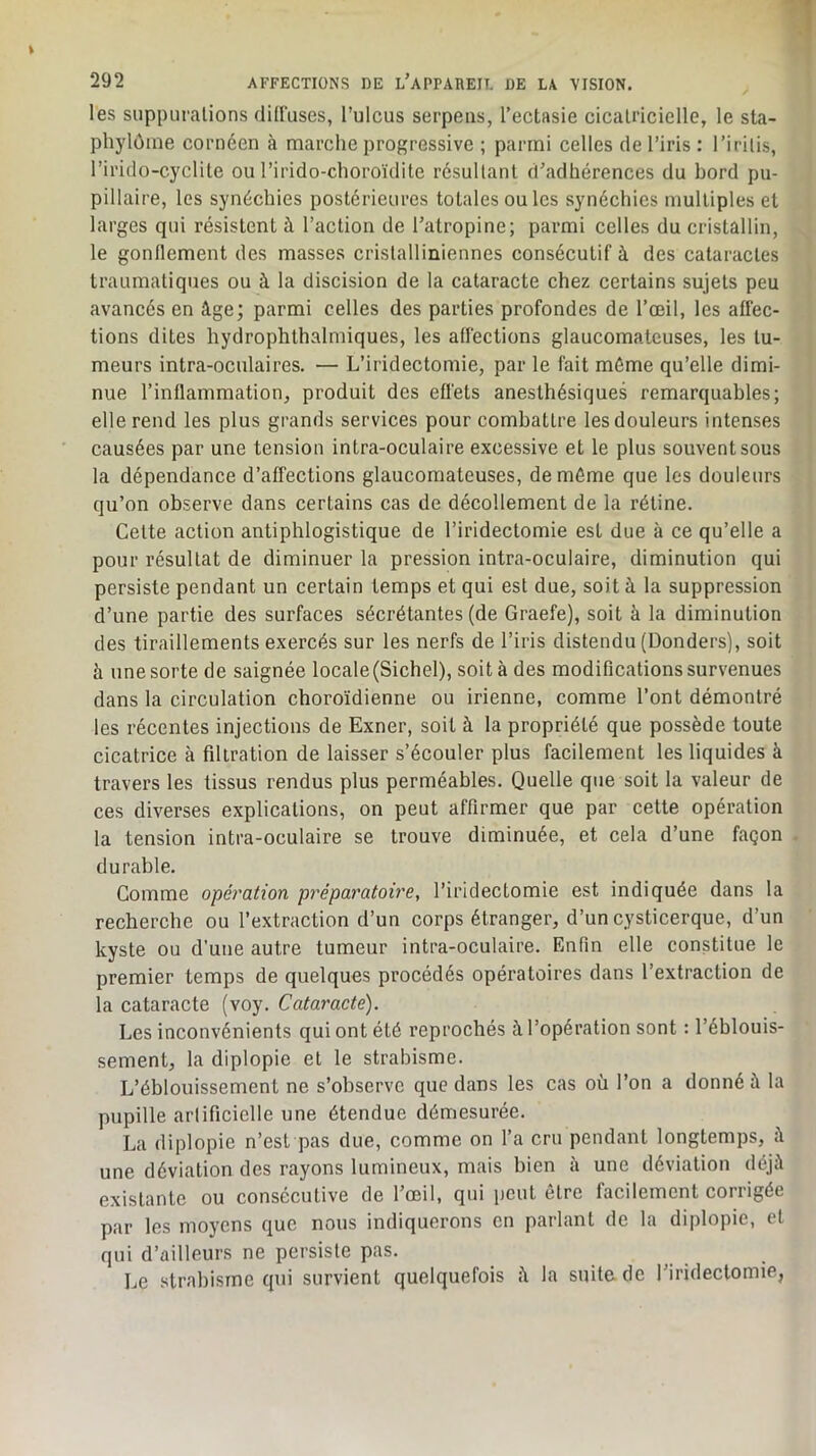 .1 292 AFFECTIONS DE L’aPPAREIT. DE LA VISION, les suppuralions diüuses, l’ulcus serpeiis, l’ectasie cicali’icielle, le sta- phylôine cornéen à marche progressive ; parmi celles de l’iris : l’irilis, l’irido-cyclile ou l’irido-choroïdite résultant d’adhérences du bord pu- pillaire, les synéchies postérieures totales ou les synéchies multiples et larges qui résistent à l’action de l’atropine; parmi celles du cristallin, le gonflement des masses crislalliniennes consécutif à des cataractes traumatiques ou à la discision de la cataracte chez certains sujets peu avancés en âge; parmi celles des parties profondes de l’œil, les affec- tions dites hydrophthalmiques, les affections glaucomatcuses, les tu- meurs intra-oculaires. — L’iridectomie, par le fait même qu’elle dimi- nue l’inflammation, produit des effets anesthésiques remarquables; elle rend les plus grands services pour combattre les douleurs intenses causées par une tension intra-oculaire excessive et le plus souvent sous la dépendance d’affections glaucomatcuses, de même que les douleurs qu’on observe dans certains cas de décollement de la rétine. Celte action antiphlogistique de l’iridectomie est due à ce qu’elle a pour résultat de diminuer la pression intra-oculaire, diminution qui persiste pendant un certain temps et qui est due, soit à la suppression d’une partie des surfaces sécrétantes (de Graefe), soit à la diminution des tiraillements exercés sur les nerfs de l’iris distendu (Donders), soit à une sorte de saignée locale(Sichel), soit à des modifications survenues dans la circulation choroïdienne ou irienne, comme l’ont démontré les récentes injections de Exner, soit à la propriété que possède toute cicatrice à filtration de laisser s’écouler plus facilement les liquides à travers les tissus rendus plus perméables. Quelle que soit la valeur de ces diverses explications, on peut affirmer que par cette opération la tension intra-oculaire se trouve diminuée, et cela d’une façon durable. Comme opération préparatoire, l’iridectomie est indiquée dans la recherche ou l’extraction d’un corps étranger, d’un cysticerque, d’un kyste ou d’une autre tumeur intra-oculaire. Enfin elle constitue le premier temps de quelques procédés opératoires dans l’extraction de la cataracte (voy. Cataracte). Les inconvénients qui ont été reprochés à l’opération sont : l’éblouis- sement, la diplopie et le strabisme. L’éblouissement ne s’observe que dans les cas où l’on a donné à la pupille arlificiclle une étendue démesurée. La diplopie n’est pas due, comme on l’a cru pendant longtemps, â une déviation des rayons lumineux, mais bien à une déviation déjà existante ou consécutive de l’œil, qui peut être facilement corrigée par les moyens que nous indiquerons en parlant de la diplopie, et qui d’ailleurs ne persiste pas. Le .strabisme qui survient quelquefois à la suite de l’iridectomie,