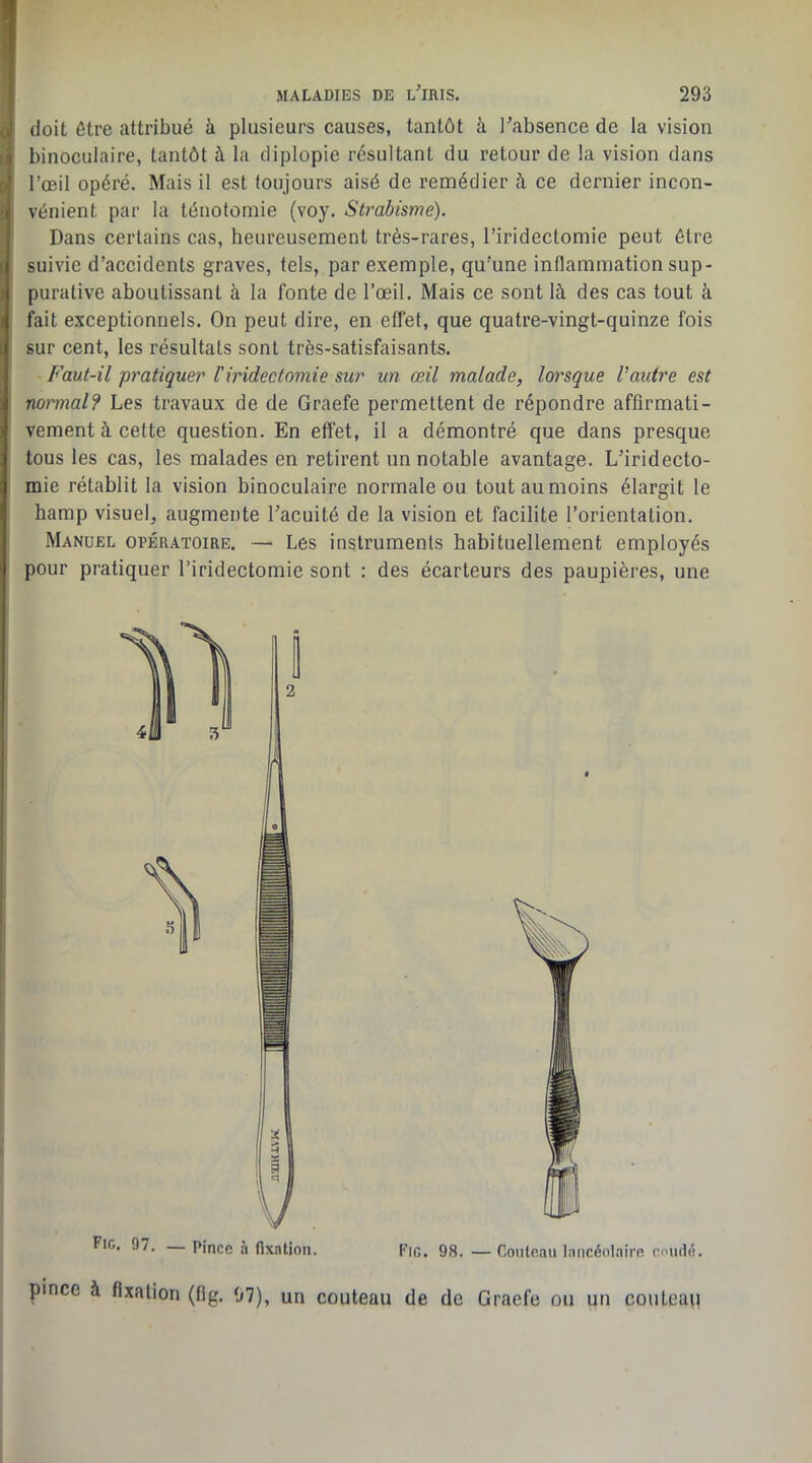 doit être attribué à plusieurs causes, tantôt à l'absence de la vision ' binoculaire, tantôt à la diplopie résultant du retour de la vision dans l’œil opéré. Mais il est toujours aisé de remédier à ce dernier incon- vénient par la ténotomie (voy. Strabisme). Dans certains cas, heureusement très-rares, l’iridectomie peut être suivie d’accidents graves, tels, par exemple, qu’une inflammation sup- i purative aboutissant à la fonte de l’œil. Mais ce sont là des cas tout à I fait exceptionnels. On peut dire, en effet, que quatre-vingt-quinze fois sur cent, les résultats sont très-satisfaisants. Faut-il pratiquer f iridectomie sur un œil malade, lorsque Vautre est normal? Les travaux de de Graefe permettent de répondre affirmati- vement à cette question. En effet, il a démontré que dans presque tous les cas, les malades en retirent un notable avantage. L'iridecto- mie rétablit la vision binoculaire normale ou tout au moins élargit le harap visuel, augmente l’acuité de la vision et facilite l’orientation. Manuel opératoire. — Les instruments habituellement employés pour pratiquer l’iridectomie sont : des écarteurs des paupières, une Fig. 97. Pince à fixation. Fig. 98.—Couteau laiicéolairn coiuié. pince à fixation (fig, 97), un couteau de de Graefe ou un couteaq