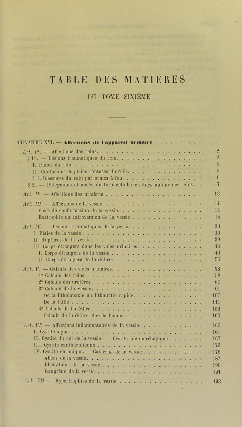 TABLE DES MATIÈRES DU TOME SIXIÈME CHAPITRE XVI. — :%(rcctions «le Pnpiinrcil urînnîrc I Art. 7'. — Affections des reins 2 g 1. — Lésions traumatiques du rein 2 I. Plaies du rein 2 II. Contusions et plaies contuses du rein ”> III. Blessures du rein par armes à feu 6 g 2. — Phlegmons et abcès du tissu cellulaire situés autour des reins. . 7 Art. II. — Affections des uretères 13 Art. III. — Affections delà vessie 14 Vices de conformation de la vessie 14 Exstrophie ou extroversion de la vessie 14 Art. IV. — Lésions traumatiques de la vessie 3ü I. Plaies de la vessie 30 IL Ruptures de la vessie 39 III. Corps étrangers dans les voies urinaires 46 I. Corps étrangers de la vessie 46 II. Corps étrangers de l’urèthre 56 Art. V. — Calculs des voies urinaires 58 1° Calculs des reins 58 2° Calculs des uretères 60 3° Calculs de la vessie ■ 61 De la litholapaxie ou lithotritie rapide 107 De la taille 111 4° Calculs de l’urèthre 153 Calculs de l’urèthre chez la femme 160 Art. Vr. — Affections inflammatoires de la vessie 160 I. Cystite aiguë 161 II. Cystite du col de la vessie. — Cystite blennorrhagique 167 III. Cystite cantharidienne 173 IV. Cystite chronique. —Catarrhe de la vessie 176 Abcès de la vessie 187 Ulcérations de la vessie 190 Gangrène de la vessie 191 Art. VII. — Hypertrophies de la vessie 193