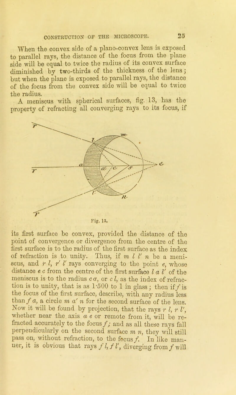 When the convex side of a plano-convex lens is exposed to pai-allel rays, the distance of the focus from the plane side will be equal to twice the radius of its convex surface diminished by two-thirds of the thickness of the lens; but when the plane is exposed to parallel rays, the distance of the focus from the convex side will be equal to twice the radius. A meniscus with spherical surfaces, fig. 13, has the property of refracting all converging rays to its focus, if Fig. 13. its first surface be convex, provided the distance of the point of convergence or divergence from the centre of the first surface is to the radius of the first surface as the index of refraction is to rmity. Thus, m I V n \>q a. meni- scus, and r I, r' V rays converging to the point e, whose distance c c from the centre of the first surface la I' of the meniscus is to the radius c a, or c I, as the index of refrac- tion is to unity, that is as T500 to 1 in glass; then if/is the focus of the first surface, describe, with auy radius less than / ct, a circle m a' n for the second surface of the lens. Now it will be found by projection, that the rays r I, r I', whether near the axis a e or remote from it, will be re- fracted accurately to the focus /; and as all these rays fall perpendicularly on the second surface m n, they will still pass on, without refraction, to the focus/. In like man- ner, it is obvious that rays f I, f I', diverging from/will