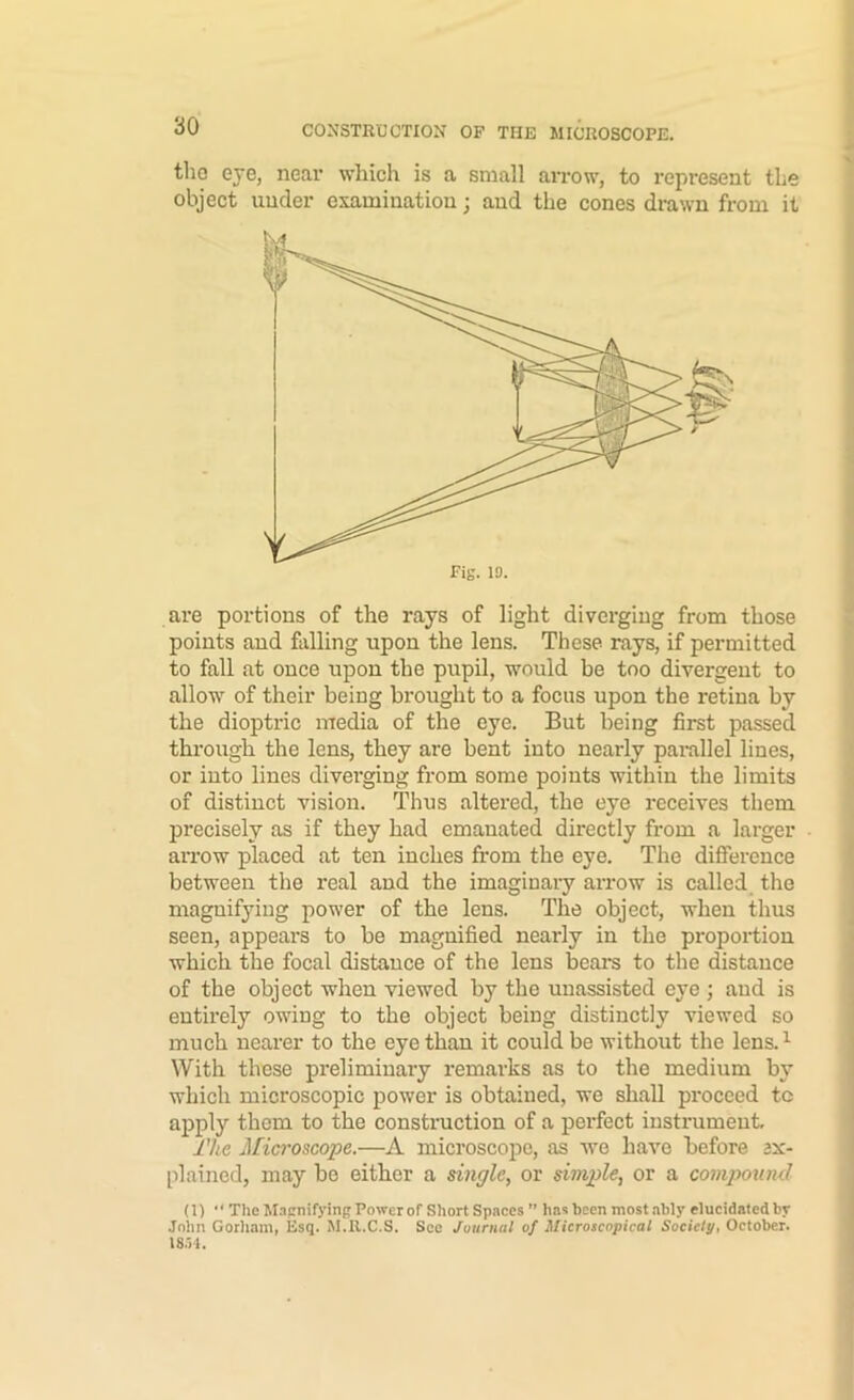 tho eje, near which is a small an-ow, to represent the object under examination; and the cones di-awn from it are portions of the rays of light diverging from those points and falling upon the lens. These rays, if permitted to fall at once upon the pupil, would be too divergent to allow of their being brought to a focus upon the retina by the dioptric media of the eye. But being first passed through the lens, they are bent into nearly parallel lines, or into lines divei’ging from some points within the limits of distinct vision. Thus altered, the eye receives them precisely as if they had emanated directly from a larger arrow placed at ten inches from the eye. The difference between the real and the imaginary aiTow is called the magnifying power of the lens. The object, when thus seen, appears to be magnified nearly in the proportion which the focal distance of the lens bears to the distance of the object when viewed by the unassisted eye ; and is entirely owing to the object being distinctly viewed so much nearer to the eye than it could be without the lens. With these preliminary remarks as to the medium by which microscopic power is obtained, we shall proceed tc apply them to the constniction of a peiffect instrument, J’/ie Microscope.—A microscope, as we have before ax- plained, may be either a single, or simple, or a compound (1) • * The Magnifying Power of Short Spaces ” has been most ably elucidated by John Gorham, Esq. M.R.C.S. See Journal of Microscopical Socicti/, October.