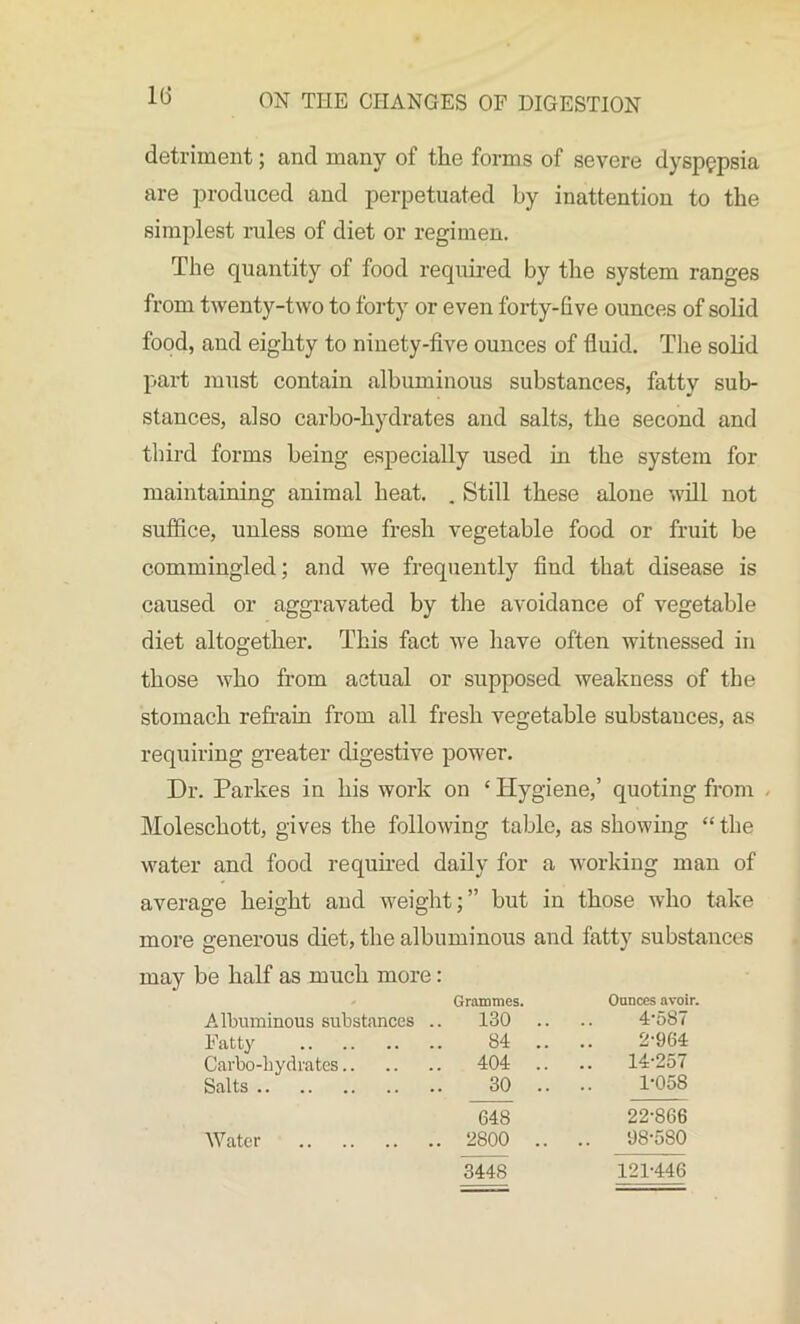 detriment; and many of the forms of severe dyspepsia are produced and perpetuated by inattention to the simplest rules of diet or regimen. The quantity of food required by the system ranges from twenty-two to forty or even forty-live ounces of solid food, and eighty to ninety-live ounces of fluid. The solid part must contain albuminous substances, fatty sub- stances, also carbo-hydrates and salts, the second and third forms being especially used in the system for maintaining animal heat. . Still these alone will not suffice, unless some fresh vegetable food or fruit be commingled; and we frequently find that disease is caused or aggravated by the avoidance of vegetable diet altogether. This fact we have often witnessed in those who from actual or supposed weakness of the stomach refrain from all fresh vegetable substances, as requiring greater digestive power. Dr. Parkes in his work on c Hygiene,’ quoting from , Moleschott, gives the following table, as showing “ the water and food required daily for a working man of average height and weight;” but in those who take more generous diet, the albuminous and fatty substances may be half as much more: Albuminous substances . Grammes. 130 .. Ounces avoir. 4-687 Fatty 84 .. 2-964 Carbo-hydrates . 404 .. 14-257 Salts 30 .. 1-058 Water 648 . 2800 .. 22-866 98-580 344S 121-446