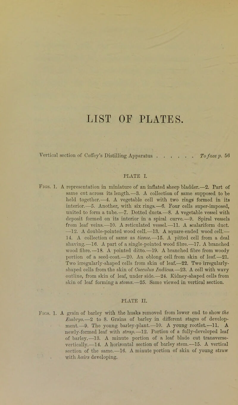 LIST OF PLATES. Vertical section of Coffey’s Distilling Apparatus To face p. 56 PLATE I. Figs. 1. A representation in miniature of an inflated slieep bladder.—2. Part of same cut across its length.—3. A collection of same supposed to he held together.—4. A vegetable cell with two rings formed in its interior.—5. Another, with six rings.—6. Four cells super-imposed, united to form a tube.—7. Dotted ducts.—8. A vegetable vessel with deposit formed on its interior in a spiral curve.—9. Spiral vessels from leaf veins.—10. A reticulated vessel.—11. A scalariform duct. —12. A double-pointed wood cell.—13. A square-ended wood cell.— 14. A collection of same as tissue.—15. A pitted cell from a deal shaving.—16. A part of a single-pointed wood fibre.—17. A branched wood fibre.—18. A pointed ditto.—19. A branched fibre from woody portion of a seed-coat.—20. An oblong cell from skin of leaf.—21. Two irregularly-shaped cells from skin of leaf.—22. Two irregularly- shaped cells from the skin of Coccitlus Indicus.—23. A cell with wavy outline, from skin of leaf, under side.—24. Kidney-shaped cells from skin of leaf forming a stoma.—25. Same viewed in vertical section. PLATE II. Figs. 1. A grain of barley with the husks removed from lower end to show the Embryo.—2 to 8. Grains of barley in different stages of develop- ment.—9. The young barley-plant.—10. A young rootlet.—11. A newly-formed leaf with strap.—12. Portion of a fully-developed leaf of barley.—13. A minute portion of a leaf blade cut transverse- vertically.—14. A horizontal section of barley stem.—15. A vertical section of the same.—16. A minute portion of skin of young straw with hairs developing.