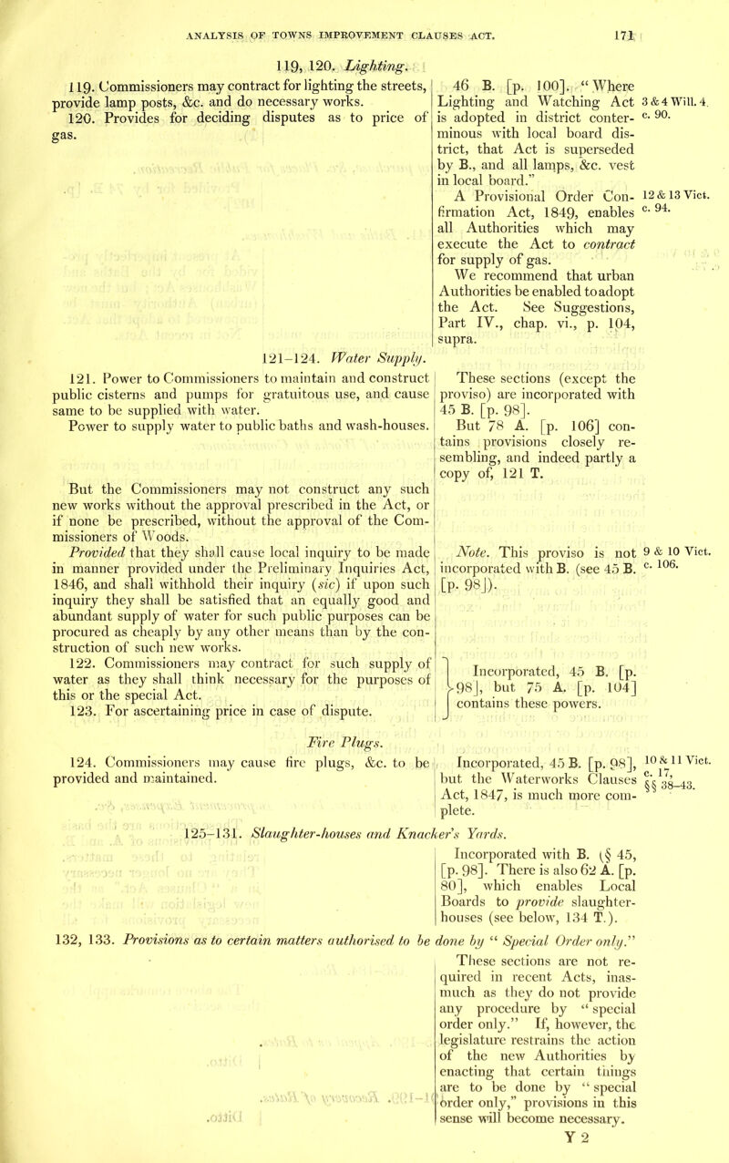 119, 120. Lighting. 119. Commissioners may contract for lighting the streets, provide lamp posts, &c. and do necessary works. 120. Provides for deciding disputes as to price of gas. 121-124. Water Supply. 121. Power to Commissioners to maintain and construct public cisterns and pumps for gratuitous use, and cause same to be supplied with water. Power to supply water to public baths and wash-houses. But the Commissioners may not construct any such new works without the approval prescribed in the Act, or if none be prescribed, without the approval of the Com- missioners of Woods. Provided that they shall cause local inquiry to be made in manner provided under the Preliminary Inquiries Act, 1846, and shall withhold their inquiry (sic) if upon such inquiry they shall be satisfied that an equally good and abundant supply of water for such public purposes can be procured as cheaply by any other means than by the con- struction of such new works. 122. Commissioners may contract for such supply of water as they shall think necessary for the purposes of this or the special Act. 123. For ascertaining price in case of dispute. 46 B. [p. 100]. “Where Lighting and Watching Act is adopted in district conter- minous with local board dis- trict, that Act is superseded by B., and all lamps, &c. vest in local board.” A Provisional Order Con- firmation Act, 1849, enables all Authorities which may execute the Act to contract for supply of gas. We recommend that urban Authorities be enabled to adopt the Act. See Suggestions, Part IV., chap, vi., p. 104, supra. These sections (except the proviso) are incorporated with 45 B. [p. 98]. But 78 A. [p. 106] con- tains provisions closely re- sembling, and indeed partly a copy of, 121 T. Note. This proviso is not incorporated with B. (see 45 B. [p. 98J). Incorporated, 45 B. [p. >98], but 75 A. [p. 104] contains these powers. Fire Plugs. 124. Commissioners may cause fire plugs, &c. to be provided and maintained. Incorporated, 45 B. [p. 98], but the Waterworks Clauses Act, 1847, is much more com- plete. 125-131. Slaughter-houses and Knackers Yards. Incorporated with B. 45, [p. 98]. There is also 62 A. [p. 80], which enables Local Boards to provide slaughter- houses (see below, 134 T.). 132, 133. Provisions as to certain matters authorised to be done by “ Special Order only.” These sections are not re- quired in recent Acts, inas- much as they do not provide any procedure by “ special order only.” If, however, the legislature restrains the action of the new Authorities by enacting that certain tilings are to be done by “ special brder only,” provisions in this sense will become necessary. Y 2 \vv. :i-A( 3 &4 Will. 4. c. 90. 12 & 13 Viet, c. 94. 9 & 10 Viet, c. 106. 10 & 11 Viet, c. 17, §§ 38-43.