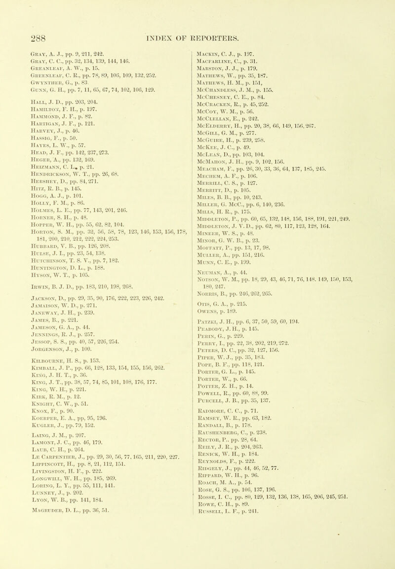 Gray, A. .T., pp. 9, 211, 242. Gray, C. C., pp. 32,134, 139, 144, 146. Greanleaf, A. W., p. 15. Greenleaf, C. R., pp. 78, 89, 106, 109, 132,252. Gwynther, G., p. 83. Gunn, G. H., pp. 7, 11, 65, 67, 74, 102, 106, 129. Hall, J. D., pp. 203, 204. Hamilton, F. H., p. 197. Hammond, J. F., p. 82. Hartigan, J. F., p. 121. Harvey, J., p. 46. Hassig, F., p. 50. Hayes, L. W., p. 57. Head, J. F., pp. 142, 237,273. IIeger, A., pp. 132, 169. Heizmann, C. L„ p. 21. Hendrickson, W. T., pp. 26, 68. Hershey, D., pp. 84,271. Hitz, R. B., p. 145. Hogg, A. J., p. 101. Holly, F. M., p. 86. Holmes, L. E., pp. 77, 143, 201, 246. Horner, S. H., p. 48. Hopper, W. H., pp. 55, 62, 82, 104. Horton, S. M., pp. 32, 56, 58, 78, 123, 146, 153, 156, 178, 181, 200, 210, 212, 222, 224, 253. Hubbard, V. B., pp. 126, 208. Hulse, J. I., pp. 23, 54, 138. Hutchinson, T. S. V., pp. 7,182. Huntington, D. L., p. 188. Hyson, W. T., p. 105. Irwin, B. J. D., pp. 183, 210, 198, 268. Jackson, !>., pp. 29, 35, 90, 176, 222, 223, 226, 242. Jamaison, W. D., p. 271. Janeway, J. II., p. 239. James, B., p. 221. Jameson, G. A., p. 44. Jennings, R. J., p. 257. Jessop, S. S., pp. 40, 57, 226,254. Jorgenson, J., p. 100. Kilbourne, H. S., p. 153. Kimball, J. P., pp. 66, 128, 133, 154, 155, 156, 262. King, J. H. T., p. 36. King, J. T., pp. 38, 57. 74, 85,101, 108, 176, 177. King, W. H., p. 221. Kirk, R. M., p. 12. Knight, C. W., p. 51. Knox, F., p. 90. Koerper, E. A., pp, 95, 196. Kugler, J., pp. 79, 152. Laing, J. M., p. 207. Lamont, J. C., pp. 46, 179. Laub, C. H., p. 264. Le Carpentier, J., pp. 29, 30, 56, 77,165, 211, 220, 227. Lippincott, H., pp. 8, 21, 112, 151. Livingston, H. F., p. 222. Longwill, W. H., pp. 185, 269. Loring, L. Y., pp. 55, 111, 141. Lunney, J., p. 202. Lyon, W. B., pp. 141, 184. Magruder, D. L., pp. 36, 51. Mackin, C. J., p. 197. Macfarline, C., p. 31. Mahston, J. J., p. 179. Mathews, W., pp. 35,187. Mathews, H. M., p. 151, McCiiandless, J. M., p. 155. McChesney, C. E., p. 84. McCracken, R., p| 45,252. McCoy, W. M., p. 56. McClellan, E., p. 242. McEldeiiry, H., pp. 20, 38, 66, 149, 156,267. McGill, G. M., p. 277. McGuire, IT., p. 239, 258. McKee, J. C., p. 49. McLean, D., pp. 103, 104. McMahon, J. II., pp. 9, 102, 156. Meacham, F., pp. 26, 30, 33, 36, 64, 137, 185, 245. Meciiem, A. F., p. 106. Merrill, C. S., p. 127. Merritt, D., p. 105. Miles, B. B., pp. 10, 243. Miller, G. McC., pp. 6, 140, 236. Mills, H. R., p. 175. Middleton, P., pp. 60, 65, 132,148, 156, 188,191, 221,249. Middleton, J. V. D., pp. 62, 80, 117,123, 128, 164. Mineer, W. S., p. 48. Minor, G. W. B., p. 23. Moffatt, I’., pp. 13, 17, 98. Muller, A., pp. 151, 216. Munn, C. E., p. 199. Neuman, A., p. 44. Notson, W. M., pp. 18, 29, 43, 46, 71, 76,148. 149, 150, 153, 180, 247. Norris, B., pp. 246,262,265. Otis, G. A., p. 215. Owens, p. 189. Patzki, J. II., pp. 6, 37, 50, 59, 60, 194. Peabody, J. II., p. 145. Per in, G., p. 229. Perry, I., pp. 22, 38, 202, 219,272. Peters, D. C., pp. 32, 127, 156. Piper, W. J., pp. 35, 183. Pope, B. F., pp. 118, 121. Porter, G. L., p. 145. Porter, W., p. 66. Potter, Z. II., p. 14. Powell, R., pp. 60, 88, 99. Purcell, J. B., pp. 35, 137. Radmore, C. C., p. 71. Ramsey, W. R., pp. 63, 182. Randall, B., p. 178. Rausiienberg, C., p. 238. Rector, P., pp. 28, 64. Reily, J. R., p. 204,263. Renick, \V. H., p. 184. Reynolds, F., p. 222. Ridgely, J., pp. 44, 46, 52, 77. Rippard, W. H., p. 96. ' Roach, M. A., p. 54. Rose, G. S., pp. 106, 137, 196. ! Rosse, I. C., pp. 80, 129, 132, 136, 138, 165, 206, 245,251. Rowe, C. H., p. 89. Russell, L. F., p. 241.