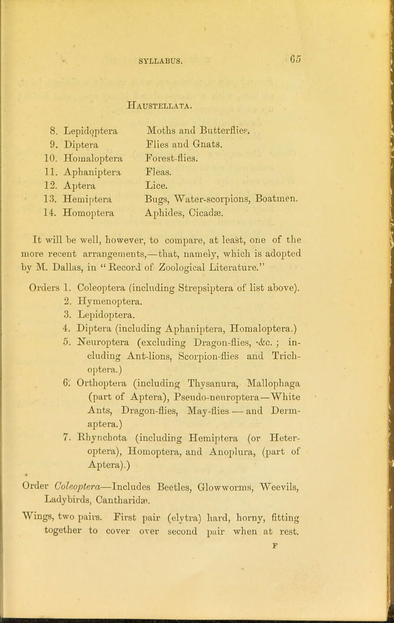 Gfl Haustellata. 8. Lepidoptera 9. Diptera 10. Homaloptera 11. Aphaniptera 12. Aptera 13. Hemiptera 14. Homoptera Moths and Butterflies. Mies and Gnats. Forest-flies. Meas. Lice. Bugs, Water-scorpions, Boatmen. Aphides, Cicadas. It will be well, however, to compare, at least, one of the more recent arrangements,—that, namely, which is adopted by M. Dallas, in “ Record of Zoological Literature.” Orders 1. Coleoptera (including Strepsiptera of list above). 2. Hymenoptera. 3. Lepidoptera. 4. Diptera (including Aphaniptera, Homaloptera.) 5. Neuroptera (excluding Dragon-flies, -(fee. ; in- cluding Ant-lions, Scorpion-flies and Tricli- optera.) 6. Orthoptera (including Thysanura, Mallophaga (part of Aptera), Pseudo-neuroptera—White Ants, Dragon-flies, May-flies — and Derm- aptera.) 7. Rhynchota (including Hemiptera (or Heter- optera), Homoptera, and Anoplura, (part of Aptera).) Order Coleoptera—Includes Beetles, Glowworms, Weevils, Ladybirds, Cantharidse. Wings, two pairs. First pair (elytra) hard, horny, fitting together to cover over second pair when at rest. F