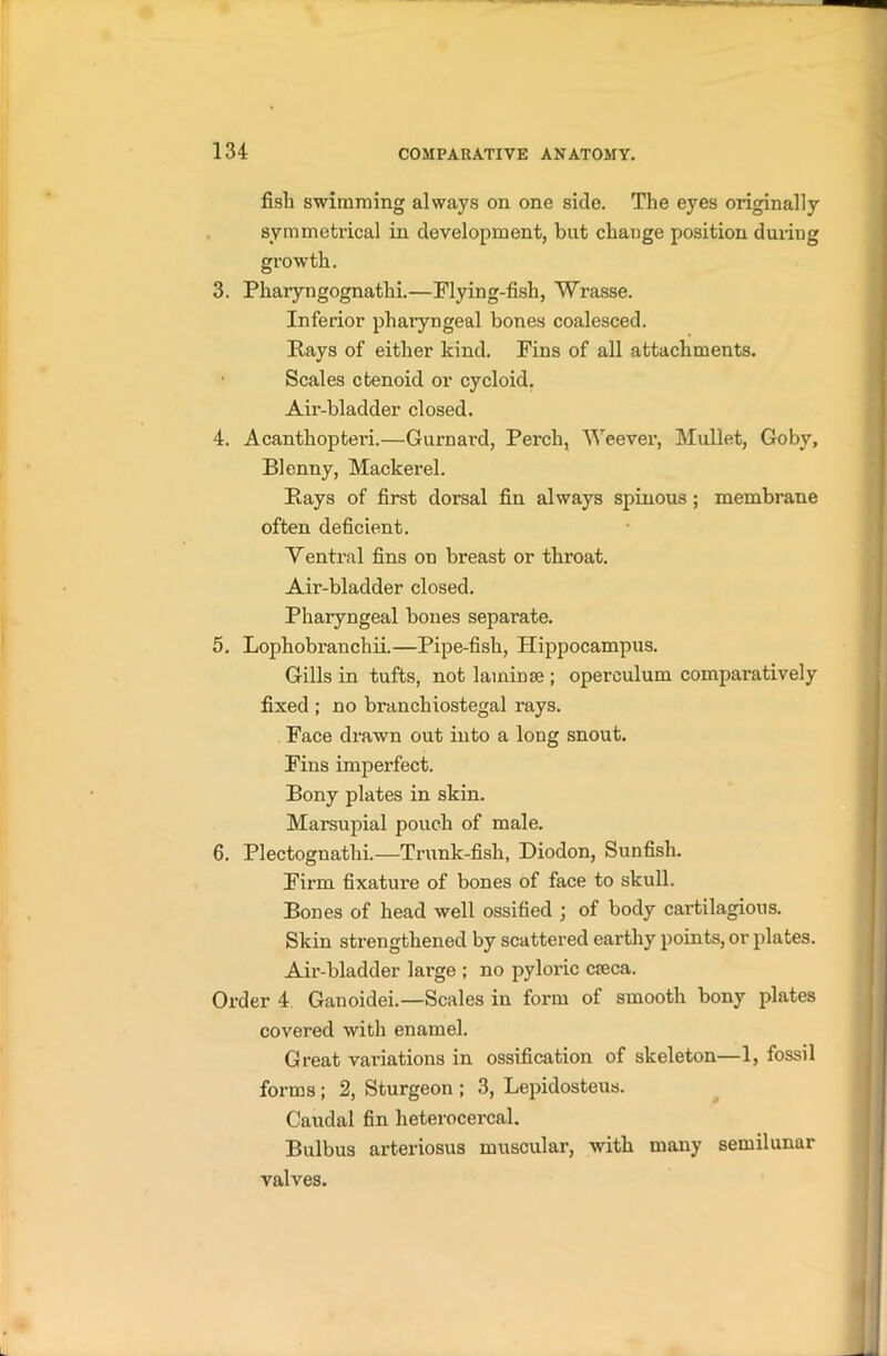 fish swimming always on one side. The eyes originally symmetrical in development, but change position during growth. 3. Pharyngognathi.—Flying-fish, Wrasse. Inferior phaiyngeal bones coalesced. Rays of either kind. Fins of all attachments. Scales ctenoid or cycloid. Air-bladder closed. 4. Acanthopteri.—Gurnard, Perch, Weever, Mullet, Goby, Blenny, Mackerel. Rays of first dorsal fin always spinous ; membrane often deficient. Ventral fins on breast or throat. Aii’-bladder closed. Pharyngeal bones separate. 5. Lophobranchii.—Pipe-fish, Hippocampus. Gills in tufts, not laminm ; operculum compai'atively fixed ; no branchiostegal rays. Face drawn out into a long snout. Fins imperfect. Bony plates in skin. Marsupial pouch of male. 6. Plectognathi.—Trunk-fish, Diodon, Sunfish. Firm fixature of bones of face to skull. Bones of head well ossified ; of body cartilagious. Skin strengthened by scattered earthy points, or plates. Air-bladder large ; no pyloric creca. Order 4 Ganoidei.—Scales in form of smooth bony plates covered with enamel. Great variations in ossification of skeleton—1, fossil forms ; 2, Sturgeon ; 3, Lepidosteus. Caudal fin heterocercal. Bulbus arteriosus muscular, with many semilunar valves.