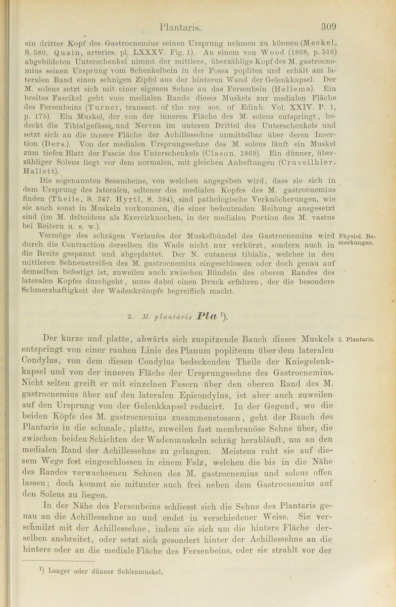ein dritter Kopf des Gastrocnemius seinen Ursprung nehmen zu können (Meckel, S. 580. Quain, arteries. pl. LXXXV. Fig. l). An einem von Wood (1868, p. 516) abgebildeten Unterschenkel nimmt der mittlere, überzählige Kopf des M. gastrocne- mius seinen Ursprung vom Schenkelbein in der Fossa poplitea und erhält am la- teralen Kand einen sehnigen Zipfel aus der hinteren Wand der Gelenkkapsel. Der M. soleus setzt sich mit einer eigenen Sehne an das Fersenbein (Hellema). Ein breites Fascikel geht vom medialen Rande dieses Muskels zur medialen Fläche des Fersenbeins (Turner, transact. of the roy. soc. of Edinb. Vok XXIY. P. 1, p. 175). Ein Muskel, der von der inneren Fläche des M. soleus entspringt, be- deckt die Tibialgefässe, und Nerven im unteren Drittel des Unterschenkels und setzt sich an die innere Fläche der Achillessehne unmittelbar über deren Inser- tion (Ders.). Yon der medialen Ursprungssehne des M. soleus läuft ein Muskel zum tiefen Blatt der Fascie des Unterschenkels (Clason. 1869). Ein dünner, über- zähliger Soleus liegt vor dem normalen, mit gleichen Amheftungen (Cruveilhier, Hallett). Die sogenannten Sesambeine, von welchen angegeben wird, dass sie sich in dem Ursprung des lateralen, seltener des medialen Kopfes des M. gastrocnemius finden (Theile, S. 347. Hyrtl, S. 394), sind pathologische Verknöcherungen, wie sie auch sonst in Muskeln Vorkommen, die einer bedeutenden Reibung ausgesetzt sind (im M. deltoideus als Exercirknochen, in der medialen Portion des M. vastus bei Reitern u. s. w.). Vermöge des schrägen Verlaufes der Muskelbündel des Gastrocnemius wird Physiol. Be- durch die Contraction derselben die Wade nicht nur verkürzt, sondern auch in merkungen. die Breite gespannt und abgeplattet. Der N. cutaneus tibialis, welcher in den mittleren Sehnenstreifen des M. gastrocnemius eingeschlossen oder doch genau auf demselben befestigt ist, zuweilen auch zwischen Bündeln des oberen Randes des lateralen Kopfes durchgeht, muss dabei einen Druck erfahren, der die besondere Schmerzhaftigkeit der Wadenkrämpfe begreiflich macht. 2. M. plantaris Plci :). Der kurze und platte, abwärts sich zuspitzende Bauch dieses Muskels 2. Plantaris, entspringt von einer rauhen Linie des Planum popliteum über dem lateralen Condylus, von dem diesen Condylus bedeckenden Theile der Kniegelenk- kapsel und von der inneren Fläche der Ursprungssehne des Gastrocnemius. Nicht selten greift er mit einzelnen Fasern über den oberen Rand des M. gastrocnemius über auf den lateralen Epicondylus, ist aber auch zuweilen auf den Ursprung von der Gelenkkapsel reducirt. In der Gegend, wo die beiden Köpfe des M. gastrocnemius zusammenstossen, geht der Bauch des Plantaris in die schmale, platte, zuweilen fast membranöse Sehne über, die zwischen beiden Schichten der Wadenmuskeln schräg herabläuft, um an den medialen Rand der Achillessehne zu gelangen. Meistens ruht sie auf die- sem Wege fest eingeschlossen in einem Falz, welchen die bis in die Nähe des Randes verwachsenen Sehnen des M. gastrocnemius und soleus offen lassen; doch kommt sie mitunter auch frei neben dem Gastrocnemius auf den Soleus zu liegen. In der Nähe des Fersenbeins schliesst sich die Sehne des Plantaris ge- nau an die Achillessehne an und endet in verschiedener Weise. Sie ver- schmilzt mit der Achillessehne, indem sie sich um die hintere Fläche der- selben ausbreitet, oder setzt sich gesondert hinter der Achillessehne an die hintere oder an die mediale Fläche des Fersenbeins, oder sie strahlt vor der J) Langer oder dünner Sohleumuskel.