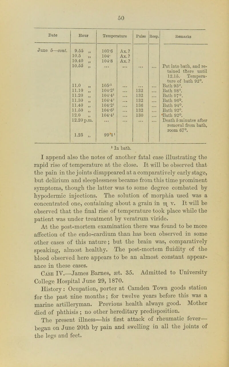 Hour Temperature Pulse Beep. liemarks 9.55 „ 103-6 Ax. ? 10.5 „ 104- Ax.? 10.40 „ 10.55 „ 104-8 Ax. ? Put into bath, and re- tained there until 12.15. Tempera- ture of bath 92°, 11.0 „ 105-* . . « Bath 95°. 11.10 „ 104-2' 132 Bath 98°. 11.20 „ 104-4' 132 Bath 97°. 11.30 „ 104-4' 132 Bath 96°. 11.40 „ 104-2' 136 Bath 94°. 11.50 „ 104-6' 132 Bath 92°. 12.0 „ 12.20 p.m. 104-4' 130 ‘Bath 92°. Death 5 minutes after removal from bath, room 67°. 1.25 „ 99-*l' * In bath. I append also the notes of another fatal case illustrating the rapid rise of temperature at the close. It will he observed that the pain in the joints disappeared at a comparatively early stage, hut delirium and sleeplessness became from this time prominent symptoms, though the latter was to some degree combated by hypodermic injections. The solution of morphia used was a concentrated one, containing about a grain in ni. v. It will be observed that the final rise of temperature took place while the patient was under treatment by veratrvun viride. At the post-mortem examination there was found to be more affection of the endo-cardium than has been observed in some other cases of this nature; but the brain was, comparatively speaking, almost healthy. The post-mortem fluidity of the blood observed here appears to be an almost constant appear- ance in these cases. Case IV.—James Barnes, set. 35. Admitted to University College Hospital June 29, 1870. History: Ocupation, porter at Camden Town goods station for the past nine months; for twelve years before this was a marine artilleryman. Previous health always good. Mother died of phthisis ; no other hereditary predisposition. The present illness—his first attack of rheumatic fever— began on June 20th by pain and swelling in all tlie joints of the legs and feet.