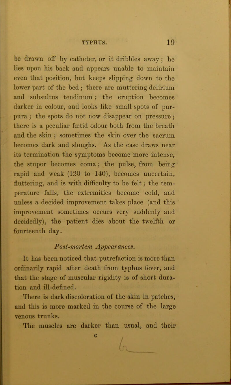 be drawn off by catheter, or it dribbles away; lie lies upon his back and appears unable to maintain even that position, but keeps slipping down to the lower part of the bed; there are muttering delirium and subsultus tendinum; the eruption becomes darker in colour, and looks like small spots of pur- pura ; the spots do not now disappear on pressure; there is a peculiar foetid odour both from the breath and the skin ; sometimes the skin over the sacrum becomes dark and sloughs. As the case draws near its termination the symptoms become more intense, the stupor becomes coma; the pulse, from being rapid and weak (120 to 140), becomes uncertain, fluttering, and is with difficulty to be felt; the tem- perature falls, the extremities become cold, and unless a decided improvement takes place (and this improvement sometimes occurs very suddenly and decidedly), the patient dies about the twelfth or fourteenth day. Post-mortem Appearances. It has been noticed that putrefaction is more than ordinarily rapid after death from typhus fever, and that the stage of muscular rigidity is of short dura- tion and ill-defined. There is dark discoloration of the skin in patches, and this is more marked in the course of the large venous trunks. The muscles are darker than usual, and their c