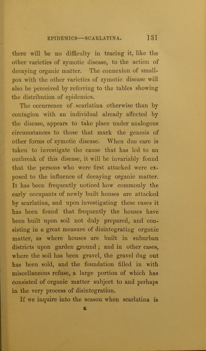 there will be no difficulty in tracing it, like the other varieties of zymotic disease, to the action of decaying organic matter. The connexion of small- pox with the other varieties of zymotic disease will also be perceived by referring to the tables showing the distribution of epidemics. The occurrence of scarlatina otherwise than by contagion with an individual already affected by the disease, appears to take place under analogous circumstances to those that mark the genesis of other forms of zymotic disease. When due care is taken to investigate the cause that has led to an outbreak of this disease, it will be invariably found that the persons who were first attacked were ex- posed to the influence of decaying organic matter. It has been frequently noticed how commonly the early occupants of newly built houses are attacked by scarlatina, and upon investigating these cases it has been found that frequently the houses have been built upon soil not duly prepared, and con- sisting in a great measure of disintegrating organic matter, as where houses are built in suburban districts upon garden ground ; and in other cases, where the soil has been gravel, the gravel dug out has been sold, and the foundation filled in with miscellaneous refuse, a large portion of which has consisted of organic matter subject to and perhaps in the very process of disintegration. If we inquire into the season when scarlatina is K