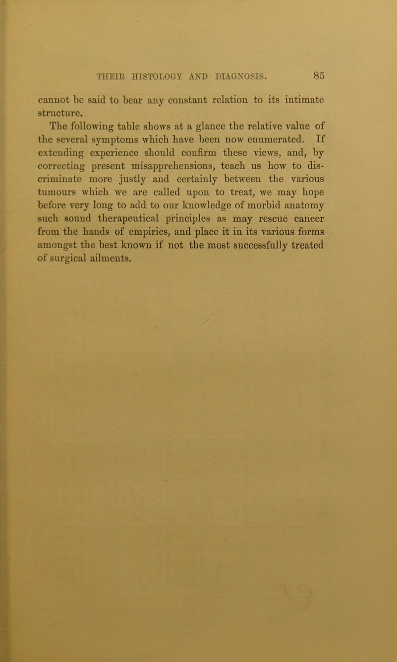 cannot be said to bear an}7 constant relation to its intimate structure. The following table shows at a glance the relative value of the several symptoms which have been now enumerated. If extending experience should confirm these views, and, by correcting present misapprehensions, teach us how to dis- criminate more justly and certainly between the various tumours which we are called upon to treat, we may hope before very long to add to our knowledge of morbid anatomy such sound therapeutical principles as may rescue cancer from the hands of empirics, and place it in its various forms amongst the best known if not the most successfully treated of surgical ailments.