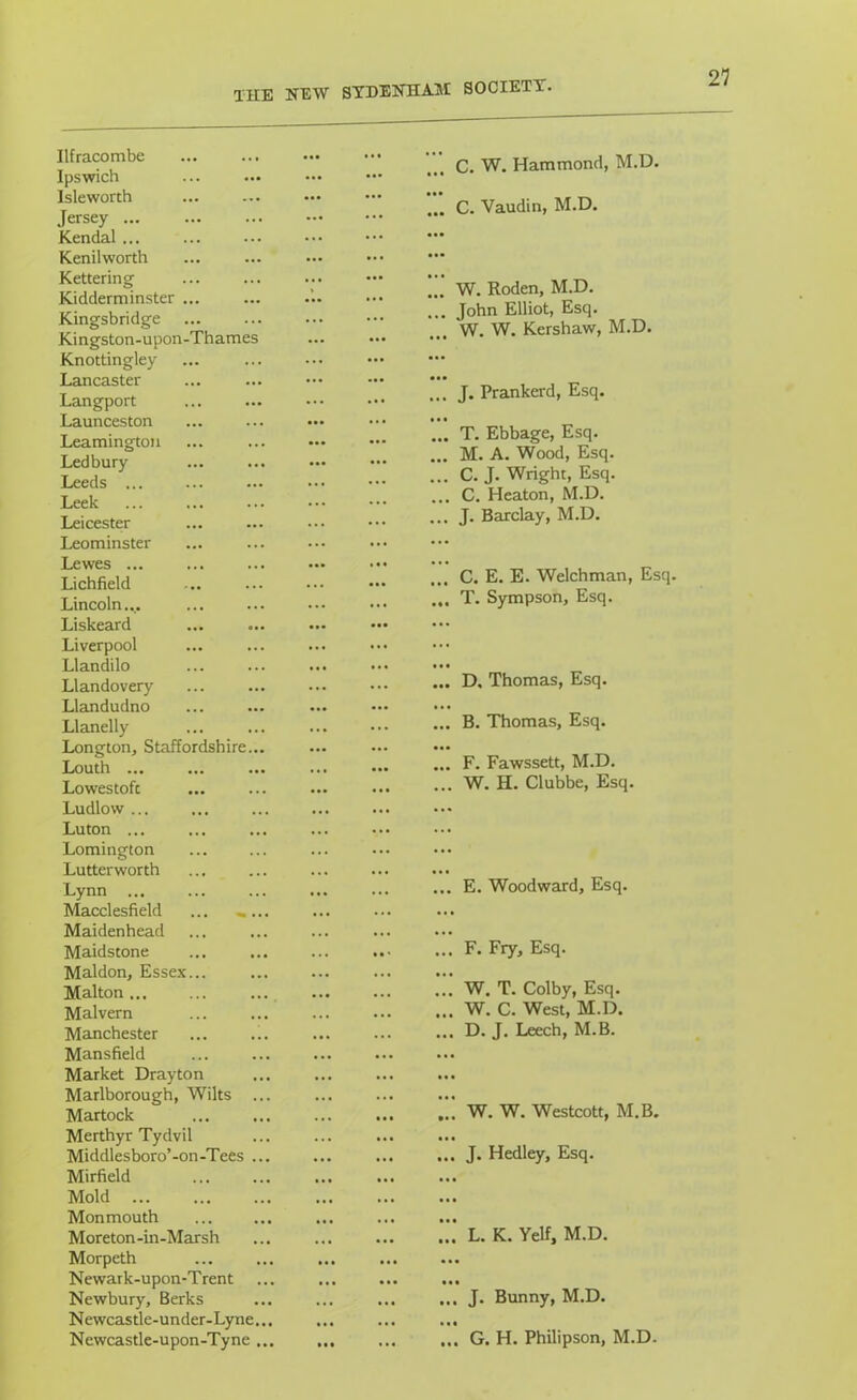 Ilfracombe Ipswich Isleworth Jersey ... Kendal ... Kenilworth Kettering Kidderminster ... Kingsbridge Kingston-upon-Thames Knottingley Lancaster Langport Launceston Leamington Ledbury Leeds ... Leek Leicester Leominster Lewes ... Lichfield Lincoln..,. Liskeard Liverpool Llandilo Llandovery Llandudno Llanelly Longton, Staffordshire... Louth ... Lowestoft Ludlow ... Luton ... Lomington Lutterworth Lynn ... Macclesfield ... «... Maidenhead Maidstone Maldon, Essex... Mahon ... Malvern Manchester Mansfield Market Drayton Marlborough, Wilts ... Martock Merthyr Tydvil Middlesboro’-on-Tees ... Mirfield Mold ... Monmouth Moreton-in-Marsh Morpeth Newark-upon-Trent Newbury, Berks Newcastle-under-Lyne... Newcastle-upon-Tyne ... C. W. Hammond, M.D. ... C. Vaudin, M.D. ... W. Roden, M.D. ... John Elliot, Esq. W. W. Kershaw, M.D. ... J. Prankerd, Esq. ... T. Ebbage, Esq. ... M. A. Wood, Esq. ... C. J. Wright, Esq ... C. Heaton, M.D. ... J. Barclay, M.D. C. E. E. Welchman, Esq. T. Sympson, Esq. D. Thomas, Esq. B. Thomas, Esq. F. Fawssett, M.D. W. H. Clubbe, Esq. E. Woodward, Esq. F. Fry, Esq. W. T. Colby, Esq. W. C. West, M.D. D. J. Leech, M.B. W. W. Westcott, M.B. J. Hedley, Esq. L. K. Yelf, M.D. , J. Bunny, M.D. . G. H. Philipson, M.D.