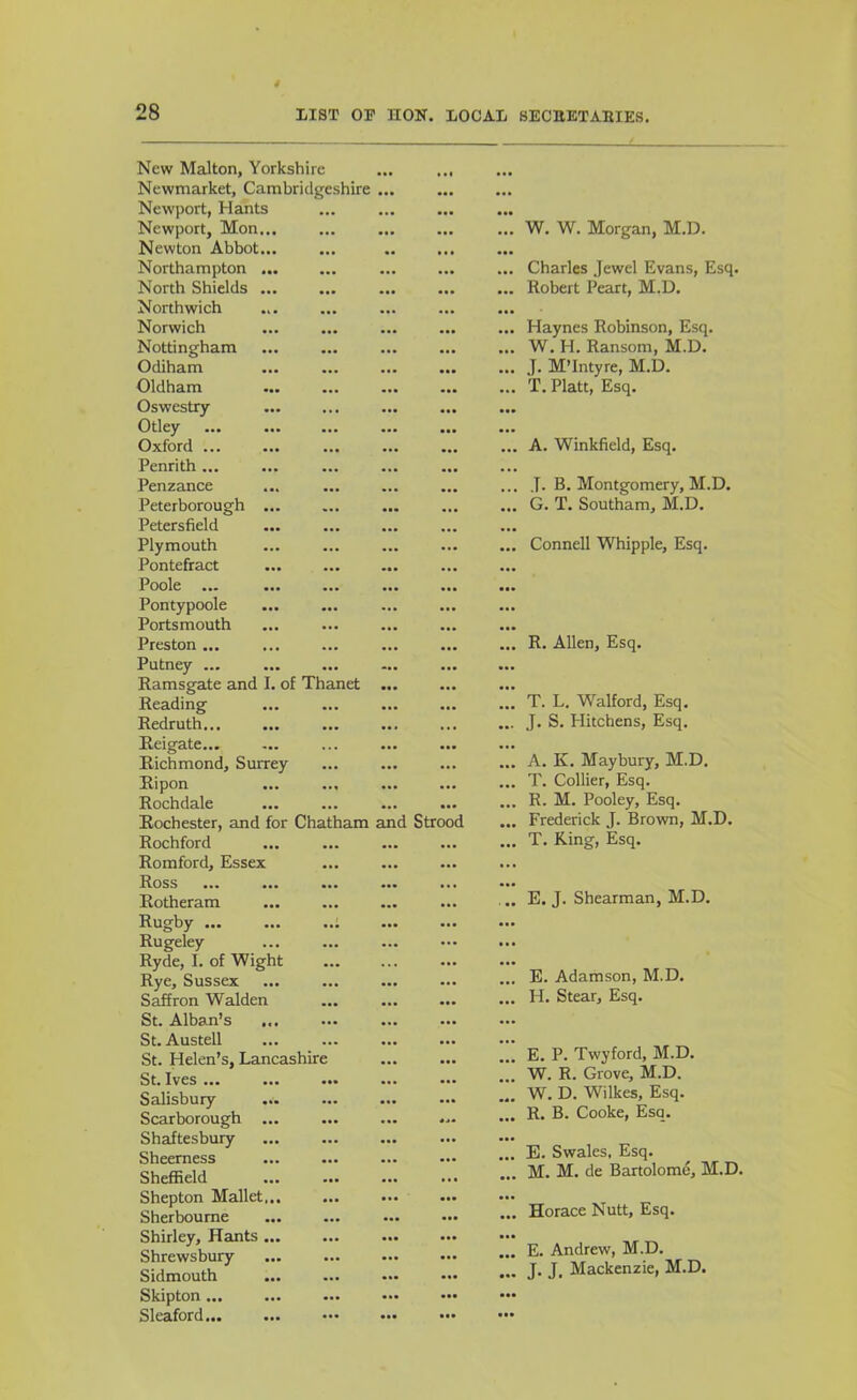 New Malton, Yorkshire Newmarket, Cambridgeshire Newport, Hants Newport, Mon,,. Newton Abbot.., Northampton ... North Shields ... Northwich Norwich Nottingham Odiham Oldham Oswestry Otley Oxford ... Penrith ... Penzance Peterborough ... Petersfield Plymouth Pontefract Poole ... Pontypoole Portsmouth Preston ... Putney ... Ramsgate and I. of Thanet Reading Redruth... Reigate... Richmond, Surrey Ripon Rochdale Rochester, and for Chatham and Strood Rochford Romford, Essex ffoss ... ... ... Rotheram Rugby ... Rugeley Ryde, I. of Wight Rye, Sussex Saffron Walden St. Alban’s ... St. Austell St. Helen’s, Lancashire St. Ives ... Salisbury Scarborough Shaftesbury Sheerness Sheffield Shepton Mallet,.. Sherboume Shirley, Hants ... Shrewsbury Sidmouth Skipton ... Sleaford W. W. Morgan, M.D. Charles Jewel Evans, Esq. Robert Peart, M.D. Haynes Robinson, Esq. W. H. Ransom, M.D. J. M’Intyre, M.D. T. Platt, Esq. A. Winkfield, Esq. J. B. Montgomery, M.D. G. T. Southam, M.D, Connell Whipple, Esq. R. Allen, Esq. T. L. Walford, Esq, J. S. Hitchens, Esq, A. K. Maybury, M.D. T. Collier, Esq. R. M. Pooley, Esq. Frederick J. Brown, M.D, T. King, Esq. E. J. Shearman, M.D. E. Adamson, M.D. H. Stear, Esq. E. P. Twyford, M.D. W. R. Grove, M.D. W. D. Wilkes, Esq. R. B. Cooke, Esq. E. Swales, Esq. M. M. de Bartolome, M.D. Horace Nutt, Esq. E. Andrew, M.D. J. J. Mackenzie, M.D.