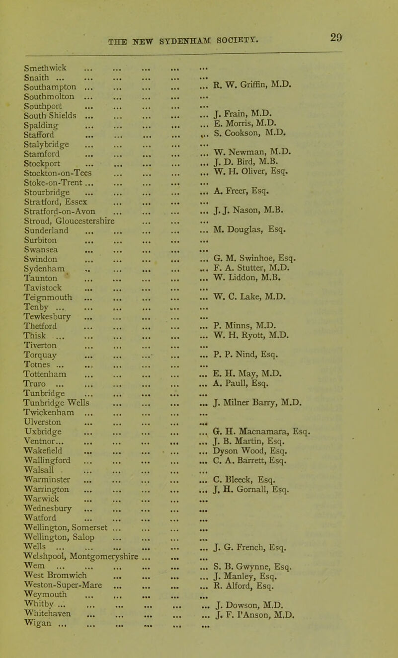 Smethwick Snaich ... Southampton ... Southmolton ... Southport South Shields ... Spalding Stafford Stalybridge Stamford Stockport Stockton-on-Tees Stoke-on-Trent Stourbridge Stratford, Essex Stratford-on-Avon Stroud, Gloucestershire Sunderland Surbiton Swansea Swindon Sydenham Taunton Tavistock Teignmouth Tenby Tewkesbury Thetford Thisk Tiverton Torquay Totnes ... Tottenham Truro ... Tunbridge Tunbridge Wells Twickenham Ulverston Uxbridge Ventnor... ... Wakefield Wallingford Walsall Warminster Warrington Warwick Wednesbury Watford Wellington, Somerset ... Wellineton, Salop Wells Welshpool, Montgomeryshire Wem West Bromwich Weston-Super-Mare Weymouth Whitby ... Whitehaven Wigan R. W. Griffin, M.D. J. Frain, M.D. E. Morris, M.D. S. Cookson, M.D. W. Newman, M.D. J. D. Bird, M.B. W. H. Oliver, Esq. A. Freer, Esq. J. J. Nason, M.B. M. Douglas, Esq. G. M. Swinhoe, Esq. F. A. Stutter, M.D. W. Liddon, M.B. W. C. Lake, M.D. ... P. Minns, M.D. ... W. H. Ryott, M.D. ... P. P. Nind, Esq. ... E. H. May, M.D. ... A. Pauli, Esq. ... J. Milner Barry, M.D. ... G. H. Macnamara, Esq. ... J. B. Martin, Esq. ... Dyson Wood, Esq. ... C. A. Barrett, Esq. ... C. Bleeck, Esq. ... J. H. Gomall, Esq. J. G. French, Esq. S. B. Gwynne, Esq. J. Manley, Esq. R. Alford, Esq. J. Dowson, M.D. . J, F. PAnson, M.D.