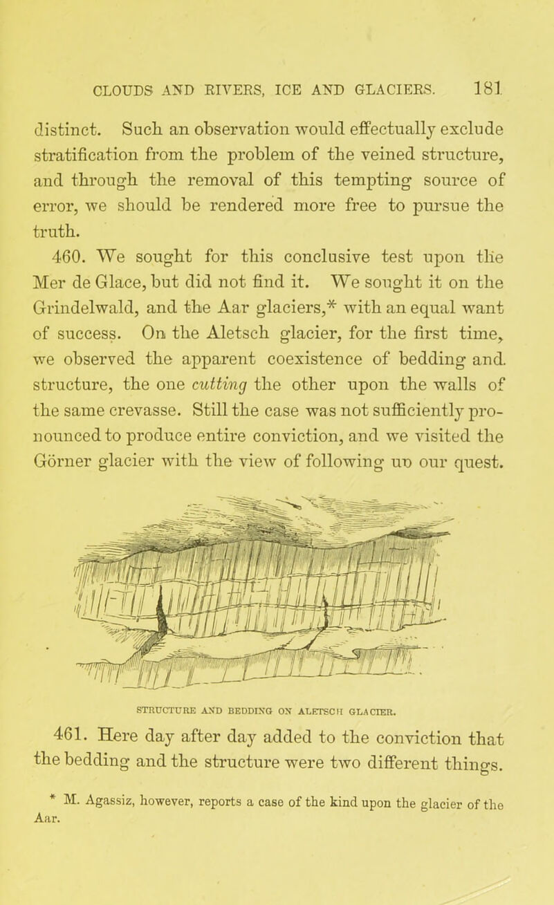 distinct. Such an observation would effectually exclude stratification from the problem of the veined structure, and through, the removal of this tempting source of error, we should be rendered more free to pursue the truth. 460. We sought for this conclusive test upon the Mer de Glace, but did not find it. We sought it on the Grindelwald, and the Aar glaciers,* with an equal want of success. On the Aletsch glacier, for the first time, we observed the apparent coexistence of bedding and. structure, the one cutting the other upon the walls of the same crevasse. Still the case was not sufficiently pro- nounced to produce entire conviction, and we visited the Gorner glacier with the view of following ut> our quest. STRUCTURE AND BEDDING ON ALETSCH GLACIER. 461. Here day after day added to the conviction that the bedding and the structure were two different things. * M. Agassiz, however, reports a case of the kind upon the glacier of the Aar.