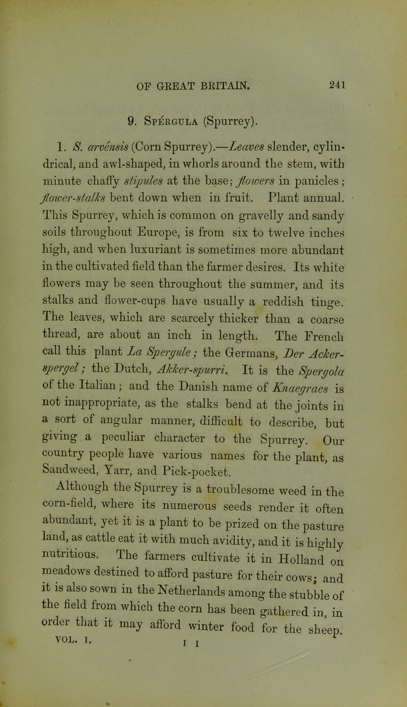 9. Spergula (Spurrey). 1. S. arvensis (Corn Spurrey).—Leaves slender, cylin- drical, and awl-shaped, in whorls around the stem, with minute chaffy stipules at the base; floivers in panicles; flower-stalks bent down when in fruit. Plant annual. This Spurrey, which is common on gravelly and sandy soils throughout Europe, is from six to twelve inches high, and when luxuriant is sometimes more abundant in the cultivated field than the farmer desires. Its white flowers may be seen throughout the summer, and its stalks and flower-cups have usually a reddish tinge. The leaves, which are scarcely thicker than a coarse thread, are about an inch in length. The French call this plant La Spergule; the Germans, Der Acker- spergel; the Dutch, Aklcer-spurri. It is the Spergola of the Italian ; and the Danish name of Knaegraes is not inappropriate, as the stalks bend at the joints in a sort of angular manner, difficult to describe, but giving a peculiar character to the Spurrey. Our country people have various names for the plant, as Sandweed, Yarr, and Pick-pocket. Although the Spurrey is a troublesome weed in the corn-field, where its numerous seeds render it often abundant, yet it is a plant to be prized on the pasture land, as cattle eat it with much avidity, and it is highly nutritious. The farmers cultivate it in Holland on meadows destined to afford pasture for their cows; and it is also sown in the Netherlands among the stubble of the field from which the corn has been gathered in, in order that it may afford winter food for the sheep. von. I. t i 1