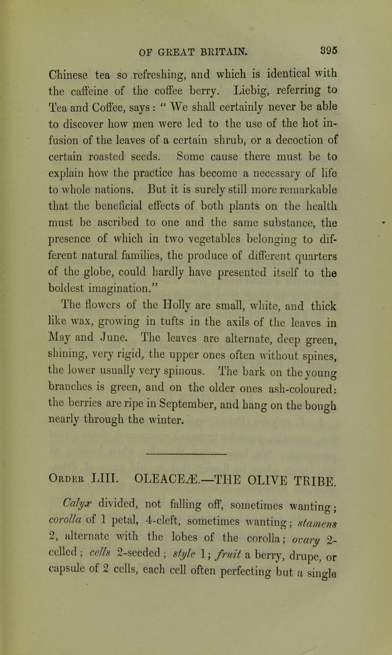 Chinese tea so refreshing, and which is identical with the caffeine of the coffee berry. Liebig, referring to Tea and Coffee, says : “ We shall certainly never be able to discover how men were led to the use of the hot in- fusion of the leaves of a certain shrub, or a decoction of certain roasted seeds. Some cause there must be to explain how the practice has become a necessary of life to whole nations. But it is surely still more remarkable that the beneficial effects of both plants on the health must be ascribed to one and the same substance, the presence of which in two vegetables belonging to dif- ferent natural families, the produce of different quarters of the globe, could hardly have presented itself to the boldest imagination.” The flowers of the Holly are small, white, and thick like wax, growing in tufts in the axils of the leaves in May and June. The leaves are alternate, deep green, shining, very rigid, the upper ones often without spines, the lower usually very spinous. The bark on the young branches is green, and on the older ones ash-coloured: the berries are ripe in September, and hang on the bough nearly through the winter. Order Bill. OLEACEHL—THE OLIVE TRIBE. Calyx divided, not falling off, sometimes wanting; corolla of 1 petal, 4-cleft, sometimes wanting; stamens 2, alternate with the lobes of the corolla; ovary 2- celled ; cells 2-seeded ; style 1; fruit a berry, drupe, or capsule of 2 cells, each cell often perfecting but a single
