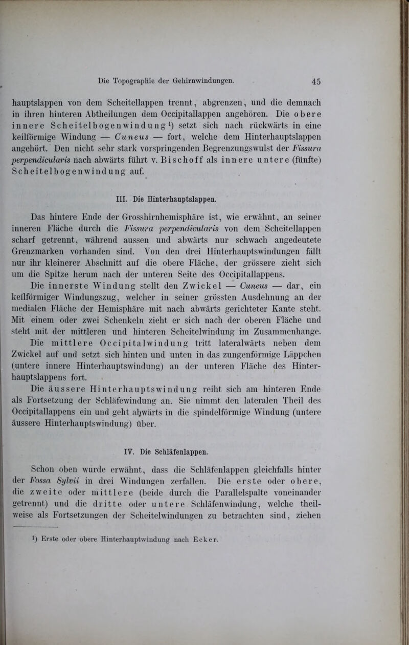 hauptslappen von dem Scheitellappen trennt, abgi’enzen, und die demnach in ihren hinteren Abtheilungen dem Occipitallappen angehören. Die obere innere S c h e i t e 1 b o g e n w i n d u n g i) setzt sich nach rückwärts in eine keilförmige Windung — Cuneus — fort, welche dem Hinterhauptslappen angehört. Den nicht sehr stark vorspringenden Begrenzungswulst der Fissm'a perpendicularis nach abwärts führt v. Bischoff als innere untere (fünfte) Scheitelbogenwindung auf. III. Die Hinterhauptslappen. Das hintere Ende der Grosshirnhemisphäre ist, wie erwähnt, an seiner inneren Fläche durch die Fissura perpendicularis von dem Scheitellappen scharf getrennt, während aussen und abwärts nur schwach angedeutete Grenzmarken vorhanden sind. Von den drei Hinterhauptswindungen fällt nur ihr kleinerer Abschnitt auf die obere Fläche, der grössere zieht sich um die Spitze herum nach der unteren Seite des Occipitallappens. Die innerste Windung stellt den Zwickel — Cuneus — dar, ein keilförmiger Windungszug, welcher in seiner grössten Ausdehnung an der medialen Fläche der Hemisphäre mit nach abwärts gerichteter Kante steht. Mit einem oder zwei Schenkeln zieht er sich nach der oberen Fläche und steht mit der mittleren und hinteren Scheitelwindung im Zusammenhänge. Die mittlere 0 c c i p i t a 1 w i n d u n g tritt lateralwärts neben dem Zwickel auf und setzt sich hinten und unten in das zungenförmige Läppchen (untere innere Hinterhauptswindung) an der unteren Fläche des Hinter- hauptslappens fort. Die äussere Hinterhaupts Windung reiht sich am hinteren Ende als Fortsetzung der Schläfewindung an. Sie nimmt den lateralen Theil des Occipitallappens ein und geht abwärts in die spindelförmige Windung (untere äussere Hinterhauptswindung) über. IV. Die Schläfenlappen. Schon oben wurde erwähnt, dass die Schläfenlappen gleichfalls hinter der Fossa Sylvii in drei Windungen zerfallen. Die erste oder obere, die zweite oder mittlere (beide durch die Parallelspalte voneinander getrennt) und die dritte oder untere Schläfenwindung, welche theil- weise als Fortsetznngen der Scheitelwindungen zu betrachten sind, ziehen •) Erste oder obere Hinterhauptwindung nach Ecker.
