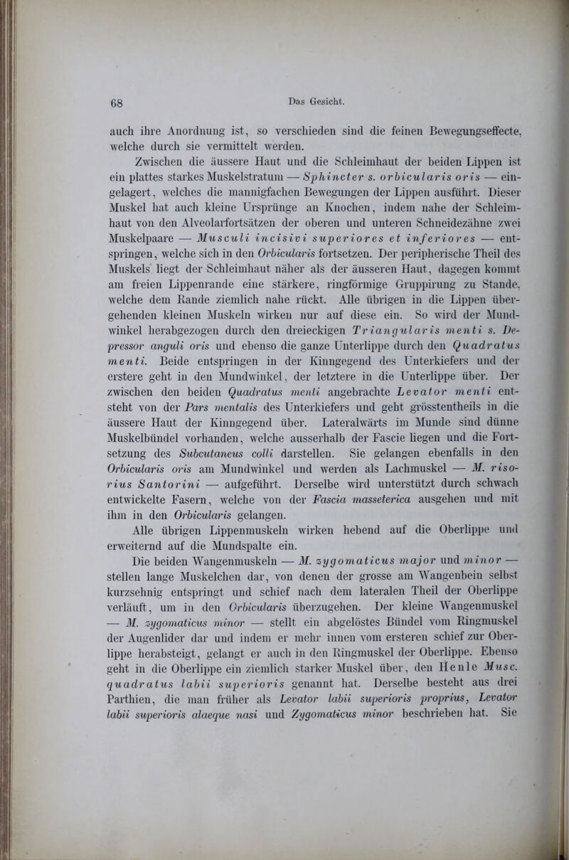 auch ihre Anordiiimg ist, so verschieden sind die feinen Betvegungseffecte, welche durch sie vermittelt werden. Zwischen die äussere Haut und die Schleimhaut der beiden Lippen ist ein plattes starkes Muskelstratum — Sphincter s. orhicularis oris — ein- gelagert , welches die mannigfachen Bewegungen der Lii)pen ausführt. Dieser Muskel hat auch kleine Ursprünge an Knochen, indem nahe der Schleim- haut von den Alveolarfortsätzen der oberen und unteren Schneidezähne zwei Muskelpaare — Musculi incisivi superiores et inferiores — ent- springen, welche sich in den Orhicularis fortsetzen. Der peripherische Theil des Muskels liegt der Schleimhaut näher als der äusseren Haut, dagegen kommt am freien Lippenrande eine stärkere, ringförmige Gruppirung zu Stande, welche dem Rande ziemlich nahe rückt. Alle übrigen in die Lippen über- gehenden kleinen Muskeln wirken nur auf diese ein. So wird der Mund- winkel herabgezogen durch den dreieckigen Triangularis menti s. De- pressor anguli oris und ebenso die ganze Unterlippe durch den Quadratus menti. Beide entspringen in der Kinngegend des Unterkiefers und der erstere geht in den Mundwinkel, der letztere in die Unterlippe über. Der zwischen den beiden Quadratus menti angebrachte Levator menti ent- steht von der Pars mentalis des Unterkiefers und geht gTÖsstentheils in die äussere Haut der Kinngegend über. Lateralwärts im Munde sind dünne Muskelbündel vorhanden, welche ausserhalb der Fascie liegen und die Fort- setzung des Subcutaneus colli darstelleii. Sie gelangen ebenfalls in den Orhicularis oris am Mundwinkel und werden als Lachmuskel — M. riso- rius Santorini — aufgeführt. Derselbe wird unterstützt durch schwach entwickelte Fasern, welche von der Fascia masseterica ausgehen und mit ihm in den Orhicularis gelangen. Alle übrigen Lippenmuskeln wirken hebend auf die Oberlippe und erweiternd auf die Mundspalte ein. Die beiden Wangenmuskeln — M. zygomaticus major und minor — stellen lange Muskelchen dar, von denen der grosse am Wangenbein selbst kurzsehnig entspringt und schief nach dem lateralen Theil der Oberlippe verläuft, um in den Orhicularis überzugeheii. Der kleine Mangenmuskel — M. zygomaticus minor — stellt ein abgelöstes Bündel vom Ringmuskel der Augenlider dar und indem er mehr innen vom ersteren schief zur Ober- lippe herabsteigt, gelaugt er auch in den Ringmuskel der Oberlippe. Ebenso geht in die Oberlippe ein ziemlich starker Muskel über, den bleule Muse, quadratus lahii superioris genannt hat. Derselbe besteht aus drei Parthien, die man früher als Levator lahii superioris proprius, Levator lahii superioris alaeque nasi und Zygomaticus minor beschrieben hat. Sie