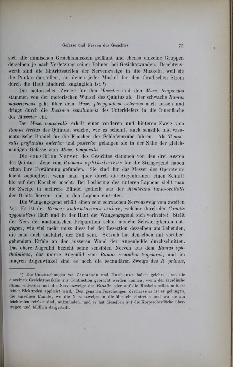 sicli alle mimischen Gesiclitsmuskelii gelähmt und ebenso einzelne Gruppen derselben je nach Verletzung seiner Bahnen bei Gesichtswunden. Beachtens- werth sind die Eintrittsstellen der Nervenzweige in die Muskeln, weil sie die Punkte darstellen, an denen jeder Muskel für den faradischen Strom durch die Haut hindurch zugänglich ist. Die motorischen Zweige für den Masseter und den 3Iusc. temporalis stammen von der motorischen Wurzel des Quintus'ab. Der schwache Barnus massetericus geht über dem Muse, pterygoideus externus nach aussen und dringt durch die Incisura semilunaris des Unterkiefers in die Innenfläche des Masseter ein. Der Muse, temporalis erhält einen vorderen und hinteren Zweig vom Burnus tertius des Quintus, welche, wie es scheint, auch sensible mul vaso- motorische Bündel für die Knochen der Schläfengrube führen. Als Tempo- ralis profundus anterior und posterior gelangen sie in der Nähe der gleich- namigen Gefässe zum Muse, temporalis. Die sensiblen Nerven des Gesichtes stammen von den drei Aesten des Quintus. Jene vom i^amus ophthalmicus für die Stirngegeml haben schon ihre Erwähnung gefunden. Sie sind für das Messer des Oi)erateurs leicht zugänglich, wenn man quer durch die Augenbrauen einen Schnitt bis auf den Knochen macht. Bei Loslösung des unteren Lap])cns sieht man die Zweige in mehrere Bündel getheilt aus der Membrana tarso-orbitalis der Orbita hervor- und in den Lappen eintreten. Die Wangengegend erhält einen sehr schwachen Nervenzweig vom zweiten Ast. Es ist der Ramus subcutaneus malae, welcher durch den Ccmahs zygomaticus läuft und in der Haut der Wangengegend sich verbreitet. Stdlt der Nerv der anatomischen Präparation schon manche Schwierigkeiten ent- gegen , wie viel mehr muss diess bei der Ptesection desselben am Lebenden, die man auch ausführt, der Fall sein. Schuh hat denselben mit vorüber- gehendem Erfolg an der äusseren Wand der Augenhöhle durchschnitten. Das obere Augenlid bezieht seine sensiblen Nerven aus dem Raimis oph- thalmicus, das untere Augenlid vom Ramus secundvs trigemini, und im inneren Augenwinkel sind es noch die secundären Zweige des R. primus, 1) Die Untersuchiingeii von Ziemssen und Duchenjie haben gelehrt, dass die einzelnen Gesichtsmuskeln zur Contraction gebraclit werden können, wenn der faradische Strom entweder auf die Nervenzweige des Facialis oder auf die Muskeln selbst mittelst feiner Elektroden applicirt wird. Den genauen Forschungen Ziemssens ist es gelungen, die einzelnen Punkte, wo die Neiwenzweige in die Muslvcln eintreten und wo sie am leichtesten reizbar sind, aufzulinden, und er hat dieselben auf die Körperoberflächc über- tragen und bildlich dargestellt.