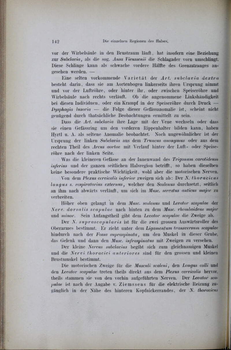 vor der Wirbelsäule in den Brustrauin läuft, hat insofern eine Beziehung zur Subclavia, als die sog. Jusci Vieussenil die Schlagader vorn umschlingt. Diese Schlinge kann als schwache vordere Hälfte des Grenzstranges an- gesehen werden. — Eine selten vorkommende Varietät der Art. subclavia de.vtra besteht darin, dass sie am Aortenbogen linkerseits ihren Ursprung nimmt und vor der Luftröhre, oder hinter ihr, oder zwischen Speiseröhre und Wirbelsäule nach rechts verläuft. Ob die angenommene Linkshändigkeit bei diesen Individuen, oder ein Krampf in der Speiseröhre durch Druck — Itysphagia lusoria — die Folge dieser Gefässanomalie ist, scheint nicht genügend durch thatsächliche Beobachtungen ermittelt zu sein. Dass die Art. subclavia ihre Lage mit der Vene wechseln oder dass sie einen Gefässring um den vorderen Bii)penhalter bilden kann, haben Hyrtl u. A. als seltene Anomalie beobachtet. Noch ungewöhnlicher ist der Ursprung der linken Subclavia aus dem Truncus anonymus oder aus dem rechten Theil des Arcus aortae mit Verlauf hinter der Luft- oder Speise- röhre nach der linken Seite. Was die kleineren Gefässe an der Innenwand des Trigonum carotidcuin iaferius und der ganzen seitlichen Halsregion betrifft, so haben dieselben keine besondere praktische Wichtigkeit, wohl aber die motorischen Xerven. V'on dem Plexus cervicalis inferior zweigen sich ab: Der A. thoracicus longus s. rcspiratorius exlernus, welcher den Scalenus durchsetzt, seitlich an ihm nach abwärts verläuft, um sich im Muse, serratus anficus majnr zu verbreiten. Höher oben gelaugt in dem Muse, sadenus und Levator scapulae der Xerv. dorsalis scapulae nach hinten zu dem Muse, rhoiiiboideus major und ininor. Sein Anfangstheil gibt dem Levator scapulae die Zweige ab. Der X. suj^rascapularis ist für die zwei grossen .Vuswärtsroller des Oberarmes bestimmt. Er zieht unter dem Ligamentum transversum scapulae hindurch nach der Fossa supraspinata, um den Muskel in dieser Grube, das Gelenk und dann den Muse, infraspinatus mit Zweigen zu versehen. Der kleine Xervus subclavius begibt sich zum gleichnamigen Muskel und die Xervi thoracici anteriores sind für den grossen und kleinen Brustnuiskel bestimmt. Die motorischen Zweige für die Muscidi scaleni, den Longus colli und den Levator scapulae treten theils direkt aus dem Plexus cervicalis hervor, theils stammen sie von den vorhin aufgeführten Nerven. Der Levator scu' pulae ist nach der Angabe v. Ziemssens für die elektrische Reizung zu- gänglich in der Nähe des hinteren Kopfnickerrandes, der *Y. thoracicus t 4