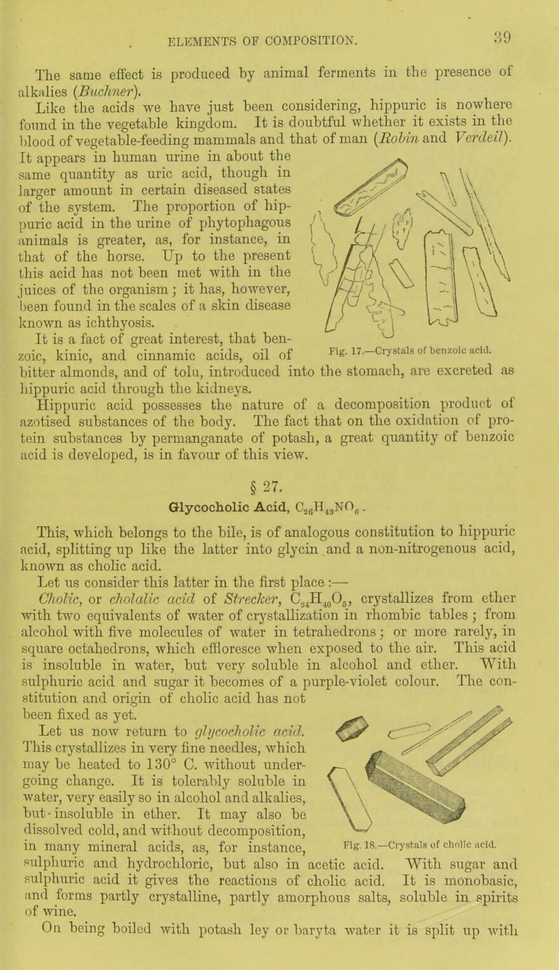 The same effect is produced by animal ferments in the presence of alkalies (Buchner). Like the acids we have just been considering, hippuric is nowhere found in the vegetable kingdom. It is doubtful whether it exists in the blood of vegetable-feeding mammals and that of man (Robin and Verdeil). It appears in human urine in about the same quantity as uric acid, though in larger amount in certain diseased states of the system. The proportion of hip- puric acid in the urine of phytophagous animals is greater, as, for instance, in that of the horse. Up to the present this acid has not been met with in the juices of the organism; it has, however, been found in the scales of a skin disease known as ichthyosis. It is a fact of great interest, that ben- zoic, kinic, and cinnamic acids, oil of bitter almonds, and of tolu, introduced into the stomach, are excreted as hippuric acid through the kidneys. Hippuric acid possesses the nature of a decomposition product of azotised substances of the body. The fact that on the oxidation of pro- tein substances by permanganate of potash, a great quantity of benzoic acid is developed, is in favour of this view. § 27. Glycocholic Acid, C^H^NO,.. This, which belongs to the bile, is of analogous constitution to hippuric acid, splitting up like the latter into glycin and a non-nitrogenous acid, known as cholic acid. Let us consider this latter in the first place :— Cholic, or cliolalic acid of Strecker, C.,4H40O3, crystallizes from ether with two equivalents of water of crystallization in rhombic tables ; from alcohol with five molecules of water in tetrahedrons or more rarely, in square octahedrons, which effloresce when exposed to the air. This acid is insoluble in water, but very soluble in alcohol and ether. With sulphuric acid and sugar it becomes of a purple-violet colour. The con- stitution and origin of cholic acid has not been fixed as yet. Let us now return to gh/cocholic acid. This crystallizes in very fine needles, which may be heated to 130° C. without under- going change. It is tolerably soluble in water, very easily so in alcohol and alkalies, but • insoluble in ether. It may also be dissolved cold, and without decomposition, sulphuric and hydrochloric, but also in acetic acid. With sugar and sulphuric acid it gives the reactions of cholic acid. It is monobasic, and forms partly crystalline, partly amorphous salts, soluble in spirits of wine. On being boiled with potash ley or baryta water it is split up with