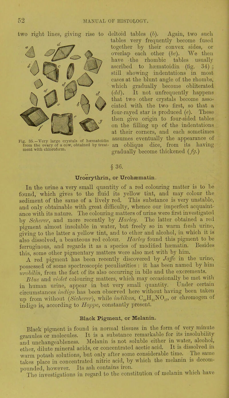 two right lines, giving rise to deltoid tables (/;). Again, two such tables very frequently become fused together by their convex sides, or overlap each other (be). We then have the rhombic tables usually ascribed to hsematoidin (fig. 34) ; still showing indentations in most cases at the blunt angle of the rhombs, which gradually become obliterated (del). ft not unfrequently happens that two other crystals become asso- ciated with the two first, so that a four-rayed star is produced (e). These then give origin to four-sided tables on the filling up of the indentations at their comers, and each sometimes Fig. 35.—Very large crystals of hrematoidm assumes eventually the appearance of from the ovary of a cow, obtained by treat- an oblique dice, from its having gradually become thickened (fg.) ment with chloroform. §36. Uroerythrin, or Urohaematin. In the urine a very small quantity of a red colouring matter is to be found, which gives to the fluid its yellow tint, and may colour the sediment of the same of a lively red. This substance is very unstable, and only obtainable with great difficulty, whence our imperfect acquaint- ance with its nature. The colouring matters of urine were first investigated by Scherer, and more recently by Harley. The latter obtained a red pigment almost insoluble in water, but freely so in warm fiesh urine, giving to the latter a yellow tint, and to ether and alcohol, in which it is also dissolved, a beauteous red colour. Harley found this pigment to be ferruginous, and regards it as a species of modified hfematin. Besides this, some other pigmentary matters were also met with by him. A red pigment has been recently discovered by Jaffa in the urine, possessed of some spectroscopic peculiarities : it has been named by him urobilin, from the fact of its also occurring in bile and the excrements. Blue and violet colouring matters, which may occasionally be met with in human urine, appear in but very small quantity. Under certain circumstances irnliyo has been observed here without having been taken up from without (Sicherer), while indikan, C26H31N017, or chromogen ot indigo is, according to Hoppe, constantly present. Black Pigment, or Melanin. Black pigment is found in normal tissues in the form of very minute granules or molecules. It is a substance remarkable for its insolubility and unchangeableness. IVIelanm is not soluble either in water, alcohol, ether, dilute mineral acids, or concentrated acetic acid. It is dissolved in warm potash solutions, but only after some considerable time. The same takes place in concentrated nitric acid, by which the melanin is decom- pounded, however. Its ash contains iron. . The investigations in regard to the constitution of melanin which have