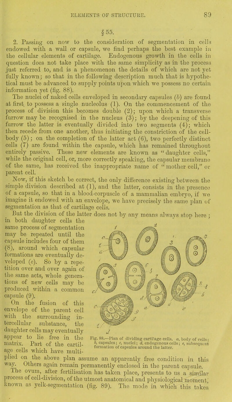 §55. 2. Passing on now to the consideration of segmentation in ceils endowed with a wall or capsule, we find perhaps the best example in the cellular elements of cartilage. Endogenous growth in the cells in question does not take place with the same simplicity as in the process just referred to, and is a phenomenon the details of which are not yet fully known; so that in the following description much that is hypothe- tical must be advanced to supply points upon which we possess no certain information yet (fig. 88). The nuclei of naked cells enveloped in secondary capsules (b) are found at first to possess a single nucleolus (1). On the commencement of the process of division this becomes double (2); upon which a transverse furrow may be recognised in the nucleus (3); by the deepening of this furrow the latter is eventually divided into two segments (4); which then recede from one another, thus initiating the constriction of the cell- body (5); on the completion of the latter act (6), two perfectly distinct cells (7) are found within the capsule, which has remained throughout entirely passive. These new elements are known as “ daughter cells,” while the original cell, or, more correctly speaking, the capsular membrane of the same, has received the inappropriate name of “ mother cell,” or parent cell. Now, if this sketch be correct, the only difference existing between the simple division described at (1), and the latter, consists in the presence ot a capsule, so that in a blood-corpuscle of a mammalian embryo, if we imagine it endowed with an envelojie, we have precisely the same plan of segmentation as that of cartilage cells. Hut the division of the latter does not by any means always stop here ; in both daughter cells the same process of segmentation may be repeated until the capsule includes four of them (S), around which capsular formations are eventually de- veloped (e). So by a repe- tition over and over again of the same acts, whole genera- tions of new cells may be produced within a common capsule (9). On the fusion of this envelope of the parent cell with the surrounding in- tercellular substance, the daughter cells may eventually appear to lie free in the matrix. Part of the cartil- age cells which have multi- plied on the above plan assume an apparently free condition in this way. Others again remain permanently enclosed in the parent capsule. Ihe ovum, after fertilisation has taken place, presents to us a similar process ol cell-division, of the utmost anatomical and physiological moment,' known as yelk-segmentation (fig. 89). The mode in which this takes Fig. 88.—Plan of dividing cartilage cells, a, body of cells; b, capsules; c, nuclei; d, endogenous cells; e, subsequent formation of capsules around the latter.