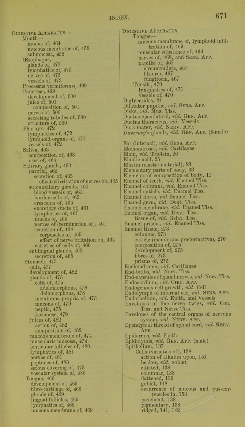 Digestive Apparatus - Mouth— mucus of, 464 mucous membrane of, 458 submucosa, 458 (Esophagus, glands of, 472 lymphatics of, 473 nerves of, 473 vessels of, 473 Processus vermiformis, 499 Pancreas, 499 development of, 500 juice of, 501 composition of, 501 nerves of, 500 secreting tubules of, 500 structure of, 500 Phamyx, 472 lymphatics of, 472 lymphoid organs of, 472 vessels of, 472 Saliva, 463 composition of, 463 uses of, 464 Salivary glands, 460 parotid, 462 secretion of, 465 effect of irritation of nerves on, 465 submaxillary glands, 460 blood-vessels of, 461 border cells of, 465 crescents of, 465 excretory ducts of, 461 lymphatics of, 461 mucus of, 465 nerves of (termination of;, 461 secretion of, 464 corpuscles of, 465 effect of nerve irritation on, 464 varieties of cells of, 460 sublingual glands, 462 secretion of, 465 Stomach, 473 cells, 477 development of, 482 glands of, 475 cells of, 475 adelomorphous, 478 delomorpnous, 478 membrana propria of, 475 mucous of, 479 peptic, 47o racemose, 479 juices of, 482 action of, 482 composition of, 482 mucous membrane of, 474 muscularis mucosaj, 474 lenticular follicles of, 480 lymphatics of, 481 nerves of, 481 peptones of, 483 serous covering of, 473 vascular system of, 480 Tongue, 466 development of, 469 fibro-cartilage of, 466 glands of, 469 lingual follicles, 469 lymphatics of, 468 mucous membrane of, 469 Digestive Apparatus— Tongue— mucous membrane of, lymphoid infil- tration of, 469 muscular substance of, 466 nerves of, 468, and Sens. App. papillae of, 467 eircumvallate, 467 filiform, 467 fungiform, 467 Tonsils, 470 lymphatics of, 471 vessels of, 470 Diglycerides, 24 Dilatator pupillm, vid. Sens. App. Disks, vid. Mus. Tiss. Ductus ejaculatorii, vid. Gen. App. Ductus thoracicus, vid. Vessels Dura mater, vid. Nerv. App. Duvemey’s glands, vid. Gen. App. (female) Ear (internal), vid. Sens. App. Ekchondroses, vid. Cartilages Elain, vid. Triolein, 26 Elaidic acid, 25 Elastin (elastic material), 23 Elementary parts of body, 63 Elements of composition of body, 11 Enamel of teeth, vid. Enamel Tiss. Enamel columns, vid. Enamel Tiss. Enamel cuticle, vid. Enamel Tiss. Enamel fibres, vid Enamel Tiss. Enamel germ, vid. Dent. Tiss. j Enamel membrane, vid. Enamel Tiss. Enamel organ, vid. Dent. Tiss. tissue of, vid. Gelat. Tiss. Enamel prisms, vid. Enamel Tiss. Enamel tissue, 273 columns, 273 cuticle (membrana pneformativa), 276 composition of, 275 development of, 275 fibres of, 273 prisms of, 273 Enchondroma, vid. Cartilages End-bulbs, vid. Nerv. Tiss. End-capsules of gland nerves, vid. Nerv. Tiss. Endocardium, vid. Circ. App. Endogenous cell growth, vid. Cell Endolymph of internal ear, vid. Sens. App. Endothelium, vid. Epith. and Vessels Envelopes of fine nerve twigs, vid. Con. Tiss. and Nerve Tiss. Envelopes of the central organs of nervous system, vid. Nerv. App. Ependymal thread of spinal cord, vid. Nerv. App. Epidermis, vid. Epith. Epididymis, vid. Gen. App. (male) Epithelium, 137 Cells (varieties of), 138 action of alkalies upon, 151 beaker, vid. goblet ciliated, 138 columnar, 138 flattened, 139 goblet, 148 occurrence of mucous and pus-cor- puscles in, 153 pavement, 138 pigmentary, 138 ridged, 141, 142