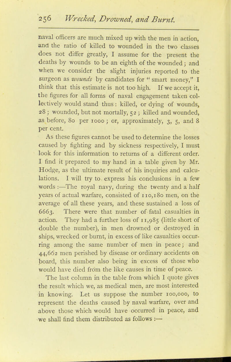 naval officer? are much mixed up with the men in action, and the ratio of killed to wounded in the two classes does not differ greatly, I assume for the present the deaths by wounds to be an eighth of the wounded; and when we consider the slight injuries reported to the surgeon as wounds by candidates for “ smart money,” I think that this estimate is not too high. If we accept it, the figures for all forms of naval engagement taken col- lectively would stand thus: killed, or dying of wounds, 28 ; wounded, but not mortally, 52 ; killed and wounded, as before, 80 per 1000; or, approximately, 3, 5, and 8 per cent. As these figures cannot be used to determine the losses caused by fighting and by sickness respectively, I must look for this information to returns of a different order. I find it prepared to my hand in a table given by Mr. Hodge, as the ultimate result of his inquiries and calcu- lations. I will try to express his conclusions in a few words :—The royal navy, during the twenty and a half years of actual warfare, consisted of 110,180 men, on the average of all these years, and these sustained a loss of 6663. There were that number of fatal casualties in action. They had a further loss of 11,985 (little short of double the number), in men drowned or destroyed in ships, wrecked or burnt, in excess of like casualties occur- ring among the same number of men in peace; and 44,662 men perished by disease or ordinary accidents on board, this number also being in excess of those who would have died from the like causes in time of peace. The last column in the table from which I quote gives the result which we, as medical men, are most interested in knowing. Let us suppose the number 100,000, to represent the deaths caused by naval warfare, over and above those which would have occurred in peace, and we shall find them distributed as follows :—