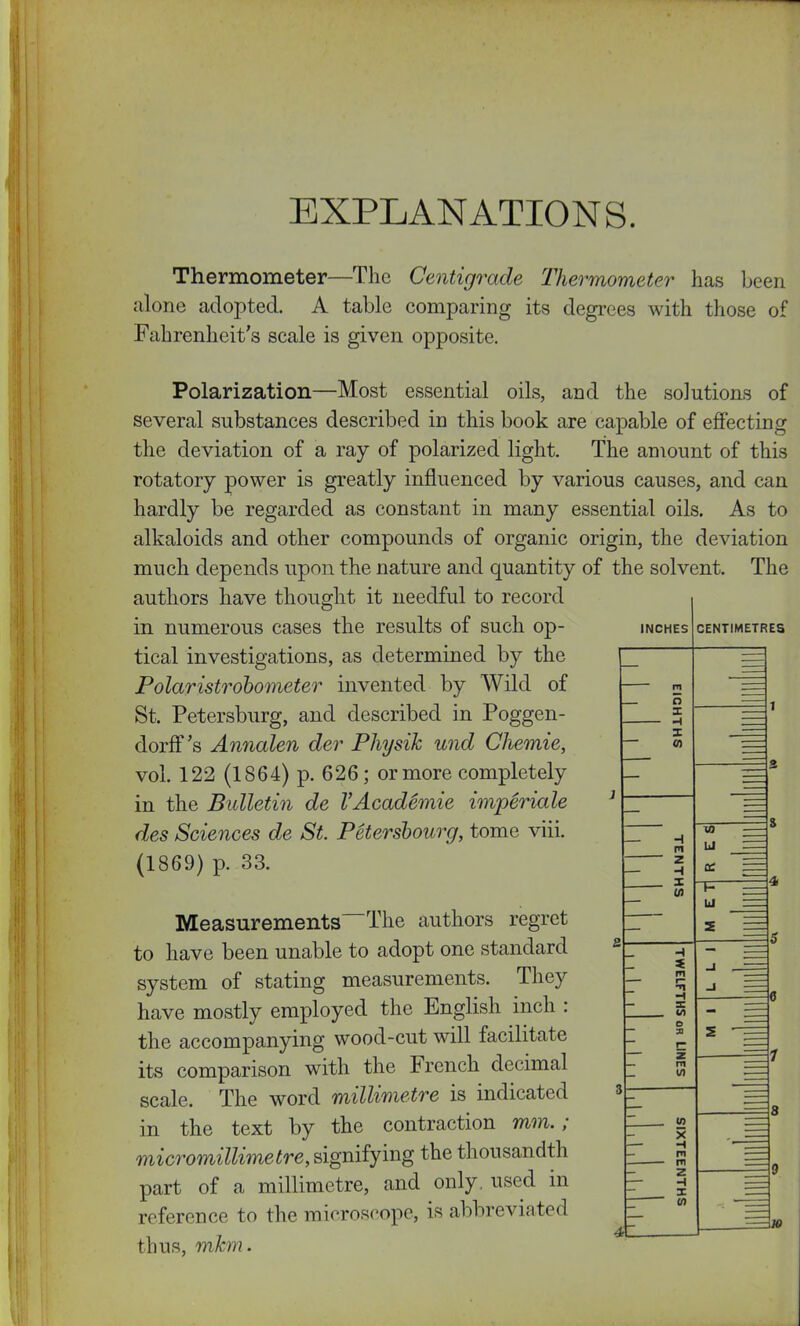 EXPLANATIONS. Thermometer—The Centigrade Thermometer has been alone adopted. A table comparing its degrees with those of Fahrenheit’s scale is given opposite. Polarization—Most essential oils, and the solutions of several substances described in this book are capable of effecting the deviation of a ray of polarized light. The amount of this rotatory power is greatly influenced by various causes, and can hardly be regarded as constant in many essential oils. As to alkaloids and other compounds of organic origin, the deviation much depends upon the nature and quantity of the solvent. The authors have thought it needful to record in numerous cases the results of such op- tical investigations, as determined by the Polaristrohometer invented by Wild of St. Petersburg, and described in Poggen- dorff’s Annalen der Physik und Chemie, vol. 122 (1864) p. 626; or more completely in the Bulletin de V Academic imperiale des Sciences de St. Petersbourg, tome viii. (1869) p. 33. Measurements The authors regret to have been unable to adopt one standard system of stating measurements. They have mostly employed the English inch : the accompanying wood-cut will facilitate its comparison with the French decimal scale. The word millimetre is indicated in the text by the contraction mm.; micromillimetre, signifying the thousandth part of a millimetre, and only, used in reference to the microscope, is abbreviated thus, mkm.