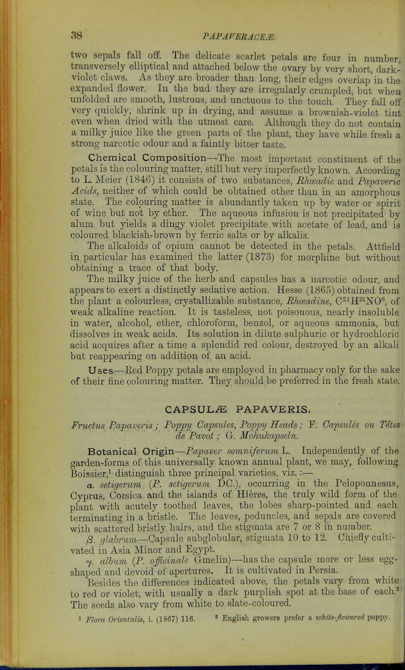 two sepals fall off. The delicate scarlet petals are four in number transversely elliptical and attached below the ovary by very short dark- violet claws. As they are broader than long, their edges overlap in the expanded flower. In the bud they are irregularly crumpled, but when unfolded are smooth, lustrous, and unctuous to the touch. They fall off very quickly, shrink up in drying, and assume a brownish-violet tint even when dried with the utmost care. Although they do not contain a milky juice like the green parts of the plant, they have while fresh a strong narcotic odour and a faintly bitter taste. Chemical Composition—The most important constituent of the petals is the colouring matter, still but very imperfectly known. According to L. Meier (1846) it consists of two substances, Rkoeadic and Papaveric Acids, neither of which could be obtained other than in an amorphous state. The colouring matter is abundantly taken up by water or spirit of wine but not by ether. The aqueous infusion is not precipitated by alum but yields a dingy violet precipitate with acetate of lead, and is coloured blackisli-brown by ferric salts or by alkalis. The alkaloids of opium cannot be detected in the petals. Attfield in particular has examined the latter (1873) for morphine but without obtaining a trace of that body. The milky juice of the herb and capsules has a narcotic odour, and appears to exert a distinctly sedative action. Hesse (1865) obtained from the plant a colourless, cry stalliz able substance, Rhceadine, C21H21jST06, of weak alkaline reaction. It is tasteless, not poisonous, nearly insoluble in water, alcohol, ether, chloroform, benzol, or aqueous ammonia, but dissolves in weak acids. Its solution in dilute sulphuric or hydrochloric acid acquires after a time a splendid red colour, destroyed by an alkali but reappearing on addition of an acid. Uses—Bed Poppy petals are employed in pharmacy only for the sake of their fine colouring matter. They should be preferred in the fresh state. CAPSULE PAPAVERIS. Fructus Papaveris; Poppy Capsides, Poppy Heads; F. Capsules on Tetes de Pavot; G. MohnJcapseln. Botanical Origin—Papaver somniferum L. Independently of the garden-forms of this universally known annual plant, we may, following Boissier,1 distinguish three principal varieties, viz.:— a. setigerum (P. setigerum DC.), occurring in the Peloponnesus, Cyprus, Corsica and the islands of Hieres, the truly wild form of the plant with acutely toothed leaves, the lobes sharp-pointed and each terminating in a bristle. The leaves, peduncles, and sepals are covered with scattered bristly hairs, and the stigmata are 7 or 8 in number. /3. glabrum—Capsule subglobular, stigmata 10 to 12. Chiefly culti- vated in Asia Minor and Egypt. 7. album (P. officinale Gmelin)—has the capsule more or less egg- shaped and devoid of apertures. It is cultivated in Persia. Besides the differences indicated above, the petals vary from white to red or violet, with usually a dark purplish spot at the base of each.2 The seeds also vary from white to slate-coloured. 1 Flora Orientalis, i. (1867) 116. 2 English growers prefer a white-flewered poppy.