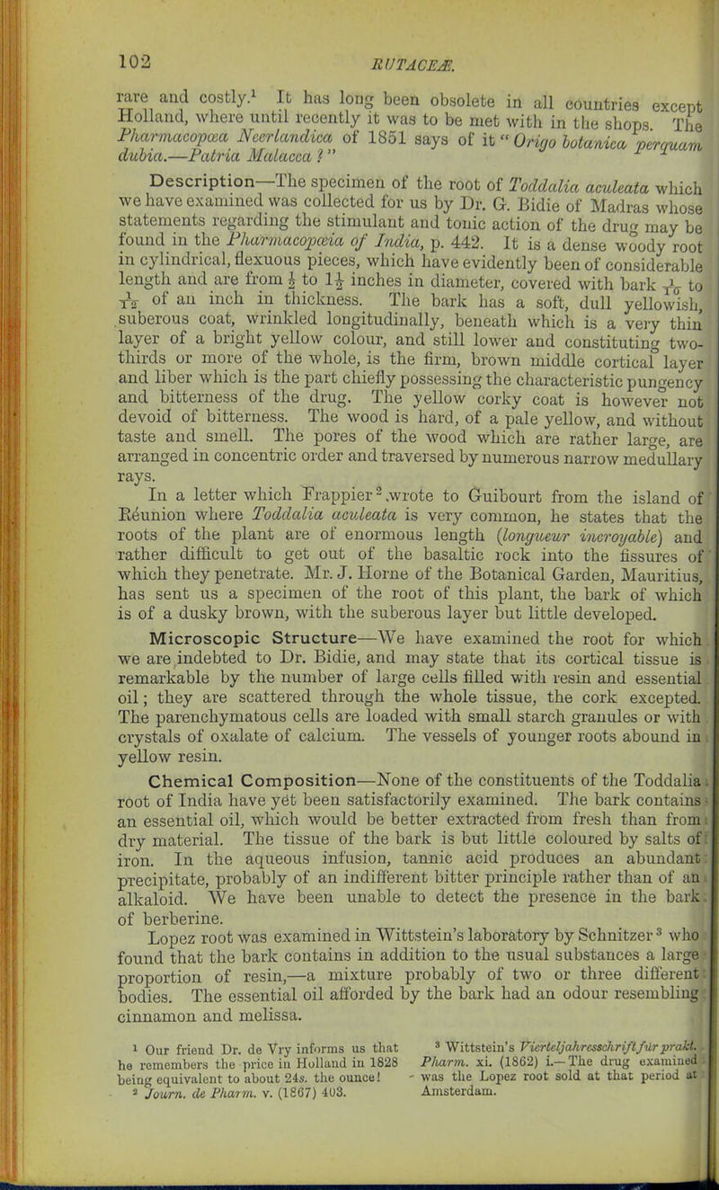 rare and costly.1 It has long been obsolete in all countries except Holland, where until recently it was to be met with in the shops The Pharmacopeia Nccrlandica of 1851 says of it “ Origo botanica twrauam dubia.—Patria Malacca ?” 1 I Description—The specimen of the root of Toddalia aculeata which we have examined was collected for us by Dr. G. Bidie of Madras whose statements regarding the stimulant and tonic action of the dru may be found in the Pharmacopoeia of India, p. 442. It is a dense woody root in cylindiical, flexuous pieces, which have evidently been of considerable length and are from i to 1^ inches in diameter, covered with bark to fz ot an inch in thickness. The bark has a soft, dull yellowish, suberous coat, wrinkled longitudinally, beneath which is a very thin layer of a bright yellow colour, and still lower and constituting two- thirds or more of the whole, is the firm, brown middle corticaf layer and liber which is the part chiefly possessing the characteristic pungency and bitterness of the drug. The yellow corky coat is however not devoid of bitterness. The wood is hard, of a pale yellow, and without taste and smell. The pores of the wood which are rather large, are arranged in concentric order and traversed by numerous narrow medullary rays. In a letter which Frappier2 .wrote to Guibourt from the island of B^union where Toddalia aculeata is very common, he states that the roots of the plant are of enormous length {longueur incroyable) and rather difficult to get out of the basaltic rock into the fissures of which they penetrate. Mr. J. Horne of the Botanical Garden, Mauritius, has sent us a specimen of the root of this plant, the bark of which is of a dusky brown, with the suberous layer but little developed. Microscopic Structure—We have examined the root for which we are indebted to Dr. Bidie, and may state that its cortical tissue is remarkable by the number of large cells filled writh resin and essential oil; they are scattered through the whole tissue, the cork excepted. The parenchymatous cells are loaded with small starch granules or with crystals of oxalate of calcium. The vessels of younger roots abound in yellow resin. Chemical Composition—None of the constituents of the Toddalia. root of India have yet been satisfactorily examined. The bark contains ■ an essential oil, which would be better extracted from fresh than from dry material. The tissue of the bark is but little coloured by salts of: iron. In the aqueous infusion, tannic acid produces an abundant precipitate, probably of an indifferent bitter principle rather than of an. alkaloid. We have been unable to detect the presence in the bark. of berberine. Lopez root was examined in Wittstein’s laboratory by Schnitzel’3 who found that the bark contains in addition to the usual substances a large proportion of resin,—a mixture probably of two or three different bodies. The essential oil afforded by the bark had an odour resembling. cinnamon and melissa. 1 Our friend Dr. de Vry informs us that 3 Wittstein’s VierteljahresschriftfUrprakt. he remembers the price in Holland in 1828 Pharm. xi. (1862) i.-The drug examined being equivalent to about 24s. the ounce! ' was the Lopez root sold at that period at 2 Journ. de Pharm. v. (1867) 4U3. Amsterdam.