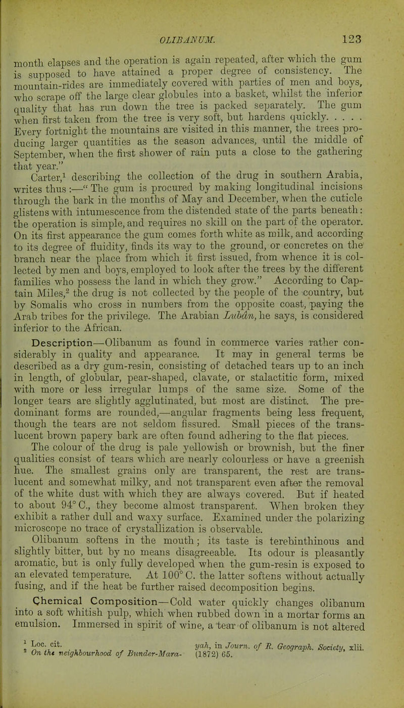 month elapses and the operation, is again repeated, after which the gum is supposed to have attained a proper degree of consistency. The mountain-rides are immediately covered with parties of men and hoys, who scrape off the large clear globules into a basket, whilst the inferior quality that has run down the tree is packed separately. The gum when first taken from the tree is very soft, but hardens quickly Every fortnight the mountains are visited in this manner, the trees pro- ducing larger quantities as the season advances, until the middle of September,°when the first shower of rain puts a close to the gathering that year.” Carter,1 describing the collection of the drug in southern Arabia, writes thus :—“ The gum is procured by making longitudinal incisions through the bark in the months of May and December, when the cuticle glistens with intumescence from the distended state of the parts beneath: tbe operation is simple, and requires no skill on the part of the operator. On its first appearance the gum comes forth white as milk, and according to its degree of fluidity, finds its way to the ground, or concretes on the branch near the place from which it first issued, from whence it is col- lected by men and boys, employed to look after the trees by the different families who possess the land in which they grow.” According to Cap- tain Miles,2 the drug is not collected by the people of the country, but by Somalis who cross in numbers from the opposite coast, paying the Arab tribes for the privilege. The Arabian Lubdn, he says, is considered inferior to the African. Description—Olibanum as found in commerce varies rather con- siderably in quality and appearance. It may in general terms be described as a dry gum-resin, consisting of detached tears up to an inch in length, of globular, pear-shaped, clavate, or stalactitic form, mixed with more or less irregular lumps of the same size. Some of the longer tears are slightly agglutinated, but most are distinct. The pre- dominant forms are rounded,—angular fragments being less frequent, though the tears are not seldom fissured. Small pieces of the trans- lucent brown papery bark are often found adhering to the flat pieces. The colour of the drug is pale yellowish or brownish, but the finer qualities consist of tears which are nearly colourless or have a greenish hue. The smallest grains only are transparent, the rest are trans- lucent and somewhat milky, and not transparent even after the removal of the white dust with which they are always covered. But if heated to about 94° C., they become almost transparent. When broken they exhibit a rather dull and waxy surface. Examined under the polarizing microscope no trace of crystallization is observable. Olibanum softens in the mouth; its taste is terebinthinous and slightly bitter, but by no means disagreeable. Its odour is pleasantly aromatic, but is only fully developed when the gum-resin is exposed to an elevated temperature. At 100° C. the latter softens without actually fusing, and if the heat be further raised decomposition begins. Chemical Composition—Cold water quickly changes olibanum into a soft whitish pulp, which when rubbed down in a mortar forms an emulsion. Immersed in spirit of wine, a tear of olibanum is not altered 1 Loc. cit. 5 On thi neighbourhood, of Bunder-Marn- yah, in Journ. of R. Geograph. Society, xlii. (1872) G5.