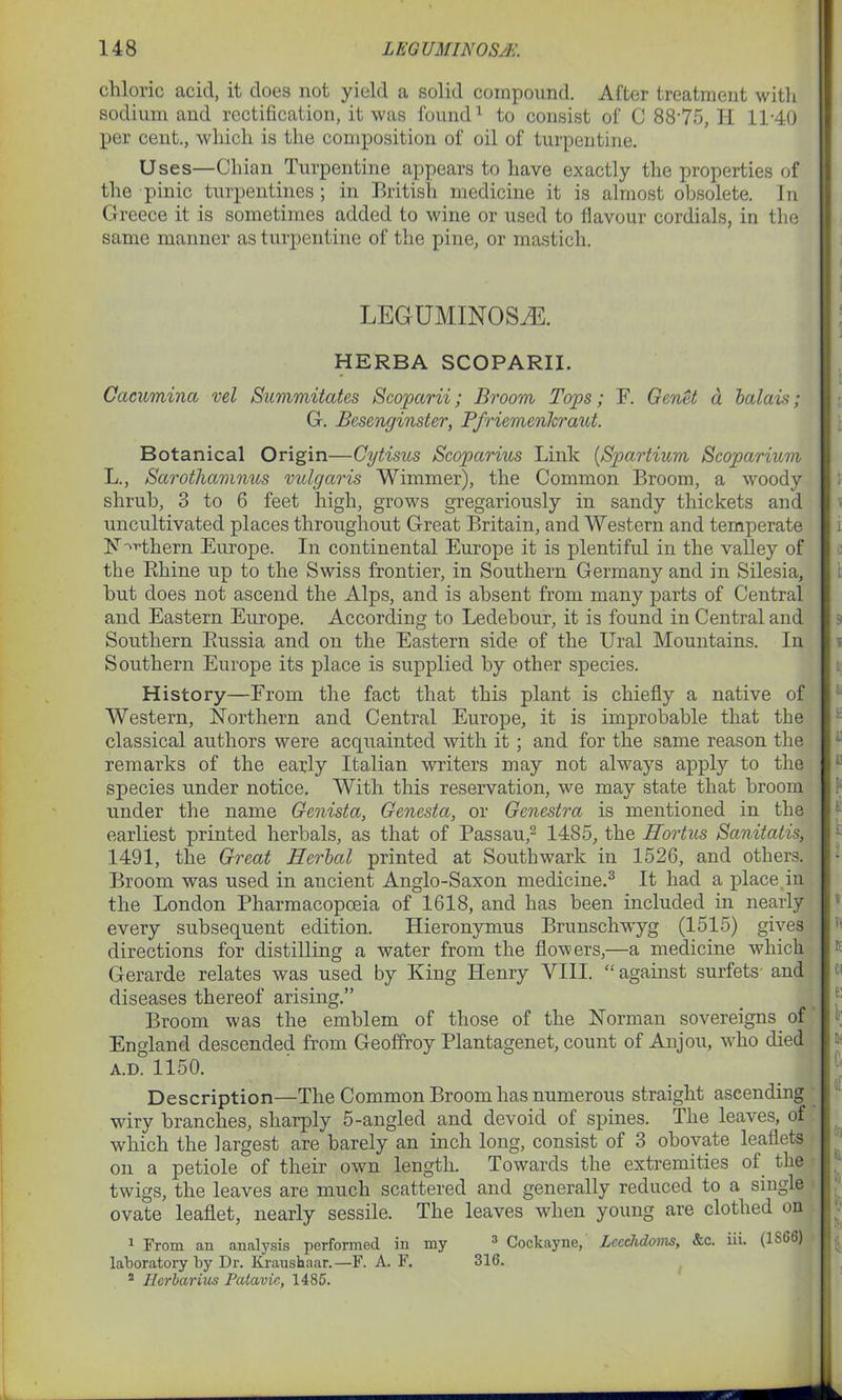 chloric acid, it does not yield a solid compound. After treatment with sodium and rectification, it was found1 to consist of C 8875, H 11-40 per cent., which is the composition of oil of turpentine. Uses—Chian Turpentine appears to have exactly the properties of the pinic turpentines; in British medicine it is almost obsolete. In Greece it is sometimes added to wine or used to flavour cordials, in the same manner as turpentine of the pine, or mastich. LEGUMINOSiE. HERBA SCOPARII. Cacumina vel Summitates Scoparii; Broom Tops; F. Genet a balais; G. Besenginster, Pfriemerikraut. Botanical Origin—Cytisus Scoparius Link (Spartium Scoparium L., Sarothamnus vulgaris Wimmer), the Common Broom, a woody shrub, 3 to 6 feet high, grows gregariously in sandy thickets and uncultivated places throughout Great Britain, and Western and temperate N^'thern Europe. In continental Europe it is plentiful in the valley of the Rhine up to the Swiss frontier, in Southern Germany and in Silesia, but does not ascend the Alps, and is absent from many parts of Central and Eastern Europe. According to Ledebour, it is found in Central and Southern Russia and on the Eastern side of the Ural Mountains. In Southern Europe its place is supplied by other species. History—From the fact that this plant is chiefly a native of Western, Northern and Central Europe, it is improbable that the classical authors were acquainted with it; and for the same reason the remarks of the early Italian writers may not always apply to the species under notice. With this reservation, we may state that broom under the name Genista, Gencsta, or Gcnestra is mentioned in the earliest printed herbals, as that of Passau,2 14S5, the Hortus Sanitatis, 1491, the Great Herbal printed at Southwark in 1526, and others. Broom was used in ancient Anglo-Saxon medicine.3 It had a place in the London Pharmacopoeia of 1618, and has been included in nearly every subsequent edition. Hieronymus Brunschwyg (1515) gives directions for distilling a water from the flowers,—a medicine which Gerarde relates was used by King Henry VIII. “against surfets and diseases thereof arising.” Broom was the emblem of those of the Norman sovereigns of England descended from Geoffroy Plantagenet, count of Anjou, who died A.D. 1150. Description—The Common Broom has numerous straight ascending wiry branches, sharply 5-angled and devoid of spines. The leaves, of which the largest are barely an inch long, consist of 3 obovate leaflets on a petiole of their own length. Towards the extremities of the twigs, the leaves are much scattered and generally reduced to a single ovate leaflet, nearly sessile. The leaves when young are clothed on 1 From an analysis performed in my 3 Cockayne, Lcechdoms, &c. iii. (1S66) laboratory by Dr. Kraushaar.—F. A. F. 316. 2 Hcrbarius Patavic, 1485.