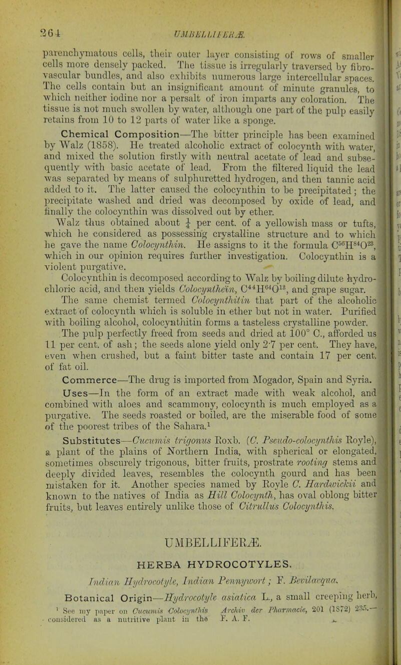 parenchymatous cells, their outer layer consisting of rows of smaller cells more densely packed. The tissue is irregularly traversed by fibro- vascular bundles, and also exhibits numerous large intercellular spaces. The cells contain but an insignificant amount of minute granules, to which neither iodine nor a persalt of iron imparts any coloration. The tissue is not much swollen by water, although one part of the pulp easily retains from 10 to 12 parts of water like a sponge. Chemical Composition—The bitter principle has been examined by Walz (1858). He treated alcoholic extract of colocynth with water, and mixed the solution firstly with neutral acetate of lead and subse- quently with basic acetate of lead. From the filtered liquid the lead was separated by means of sulphuretted hydrogen, and then tannic acid added to it. The latter caused the eolocynthin to be precipitated; the precipitate washed and dried was decomposed by oxide of lead, and finally the eolocynthin was dissolved out by ether. Walz thus obtained about J per cent, of a yellowish mass or tufts, which he considered as possessing crystalline structure and to which he gave the name Colocynthin. He assigns to it the formula C56H84023, which in our opinion requires further investigation. Colocynthin is a violent purgative. Colocynthin is decomposed according to Wak by boiling dilute hydro- chloric acid, and then yields Colocynihein, C44H64d13, and grape sugar. The same chemist termed Golocynthitin that part of the alcoholic extract of colocynth which is soluble in ether but not in water. Purified with boiling alcohol, colocynthitin forms a tasteless crystalline powder. The pulp perfectly freed from seeds and dried at 100° C., afforded us 11 per cent, of ash; the seeds alone yield only 27 per cent. They have, even when crushed, but a faint bitter taste and contain 17 per cent, of fat oil. Commerce—The drug is imported from Mogador, Spain and Syria. Uses—In the form of an extract made with weak alcohol, and combined with aloes and scammony, colocynth is much employed as a purgative. The seeds roasted or boiled, are the miserable food of some of the poorest tribes of the Sahara.1 Substitutes—Cucumis trigonus Roxb. (C. Pseudo-colocynthis Royle), a plant of the plains of .Northern India, with spherical or elongated, sometimes obscurely trigonous, bitter fruits, prostrate rooting stems and deeply divided leaves, resembles the colocynth gourd and has been mistaken for it. Another species named by Royle C. Hctrdwickii and known to the natives of India as Hill Colocynth, has oval oblong bitter fruits, but leaves entirely unlike those of Citrullus Colocynthis. UMBELLJFERrE. HERBA HYDROCOTYLES. Indian Hydrocotyle, Indian Pennywort; F. Bevilacqna. Botanical Origin—Hydrocotyle asiatica L., a small creeping herb, ' See my paper on Cucumis •ColocynfJn's Archiv der Pliarmacie, 201 (IS72) 2S.>.— considered as a nutritive plant in the F. A. F. j.