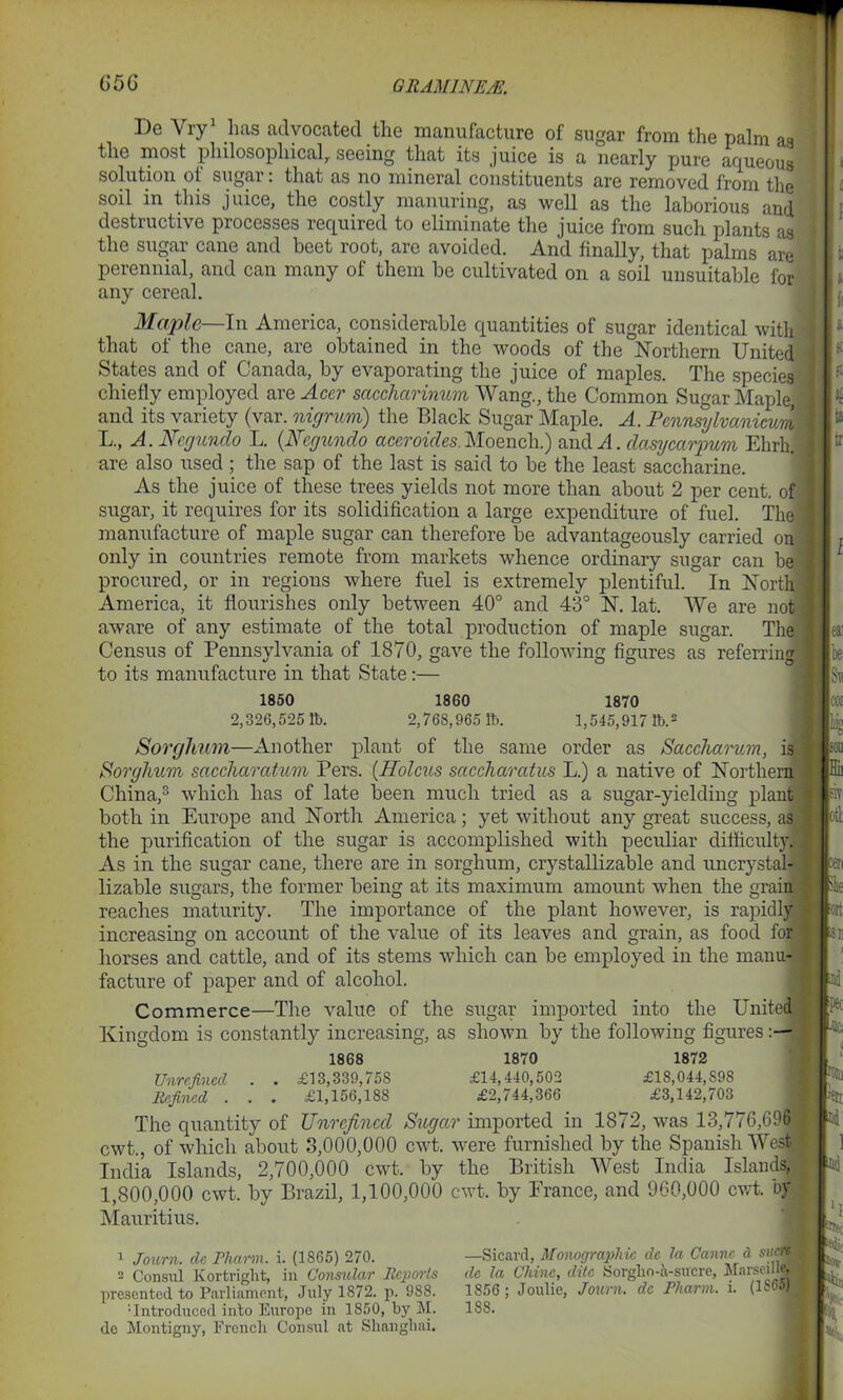 ])e Vry1 has advocated the manufacture of sugar from the palm as the most philosophical, seeing that its juice is a nearly pure aqueous solution ot sugar: that as no mineral constituents are removed from the soil in this juice, the costly manuring, as well as the laborious and destructive processes required to eliminate the juice from such plants as J the sugar cane and beet root, are avoided. And finally, that palms are j perennial, and can many of them be cultivated on a soil unsuitable for : any cereal. Maple—In America, considerable quantities of sugar identical with ■ that of the cane, are obtained in the woods of the Northern United States and of Canada, by evaporating the juice of maples. The species chiefly employed are Acer saccharinvm Wang., the Common Sugar Maple] and its variety (var. nigrum) the Black Sugar Maple. A. PcnnsylvanicurrA L., A. Ncgundo L. (Fegundo aceraides Moench.) and A. dasycarpum Ehrli. are also used ; the sap of the last is said to be the least saccharine. As the juice of these trees yields not more than about 2 per cent, of sugar, it requires for its solidification a large expenditure of fuel. The \ manufacture of maple sugar can therefore be advantageously carried on ■ only in countries remote from markets whence ordinary sugar can be procured, or in regions where fuel is extremely plentiful. In Northl America, it flourishes only between 40° and 43° N. lat. We are not aware of any estimate of the total production of maple sugar. The ■ Census of Pennsylvania of 1870, gave the following figures as referring to its manufacture in that State:— 1 t s h a jl < ti ft I ea: te Sv 1850 1860 1870 2,326,525 It. 2,768,965 ft. 1,545,917 ft.2 Sorghum—Another plant of the same order as Saccharum, is Sorghum saccharatum Pers. (Holcus saccharatus L.) a native of Northern China,3 which has of late been much tried as a sugar-yielding plant both in Europe and North America; yet without any great success, as the purification of the sugar is accomplished with peculiar difficulty! As in the sugar cane, there are in sorghum, crystallizable and uncrystal- lizable sugars, the former being at its maximum amount when the grain reaches maturity. The importance of the plant however, is rapidly increasing on account of the value of its leaves and grain, as food for horses and cattle, and of its stems which can be employed in the manu- facture of paper and of alcohol. Commerce—The value of the sugar imported into the United Kingdom is constantly increasing, as shown by the following figures 1868 1870 1872 Unrefined . . £13,339,758 £14,440,502 £18,044,898 Refined . . . £1,156,188 £2,744,366 £3,142,703 The quantity of Unrefined Sugar imported in 1872, was 13,776,6961 cwt., of which about 3,000,000 cwt. were furnished by the Spanish West India Islands, 2,700,000 cwt. by the British West India Islands, 1,800,000 cwt. by Brazil, 1,100,000 cwt. by Prance, and 960,000 cwt. by Mauritius. . Hi; SiV otl 1 Journ. de Pliarm. i. (1865) 270. 2 Consul Kortright, in Consular Reports presented to Parliament, July 1872. p. 988. ■Introduced into Europe in 1850, by M. dc Montigny, French Consul at Shanghai. —Sicard, Monographic dc la Canne a sucT& dc la Chine, elite Sorgho-a-sucre, Marseille, 1856 ; Joulie, Journ. dc Pliarm. i. (1S6»B| 188.